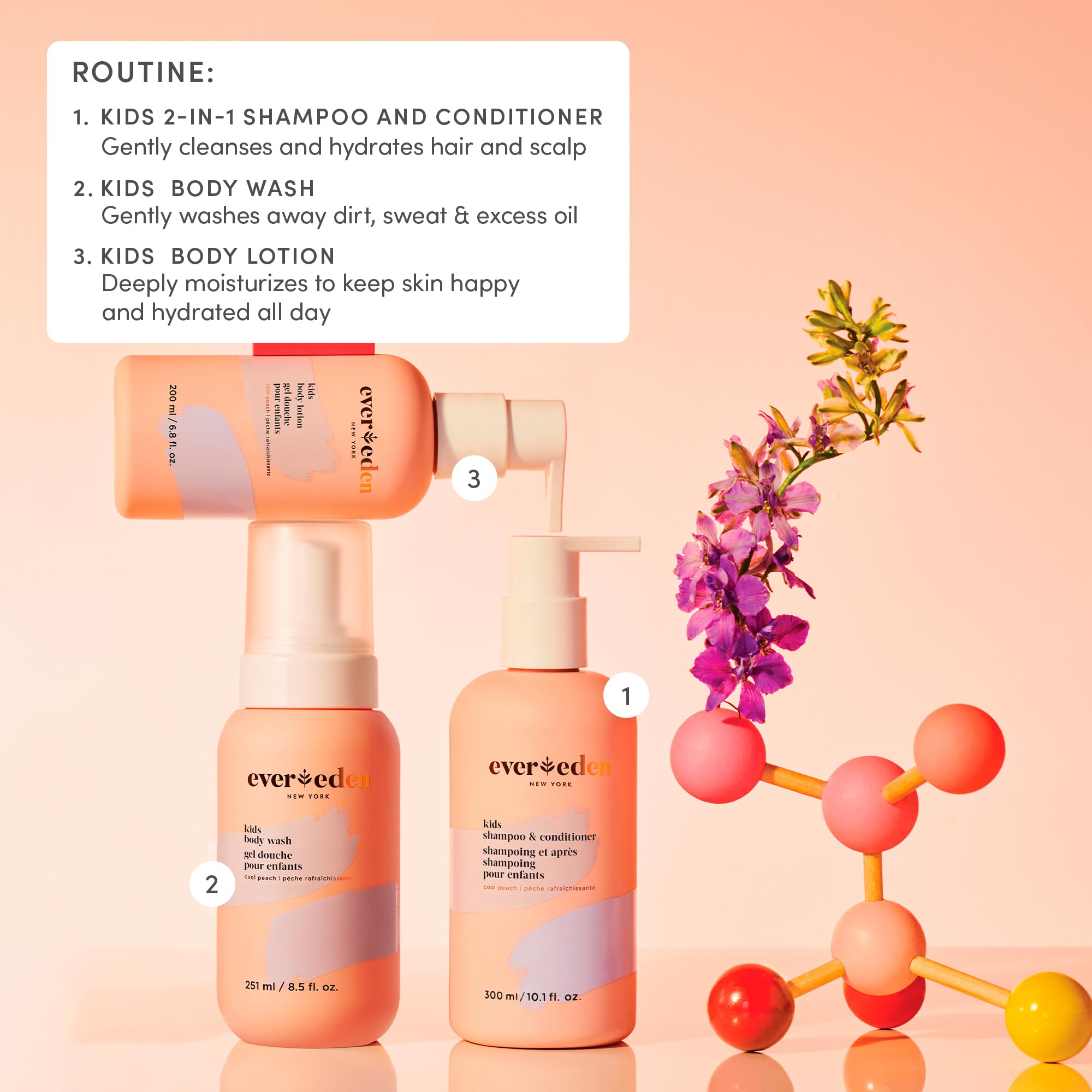 Evereden Kids 2-in-1 Shampoo & Conditioner + Body Wash Set | Gentle, Non-Toxic, Cool Peach Scent