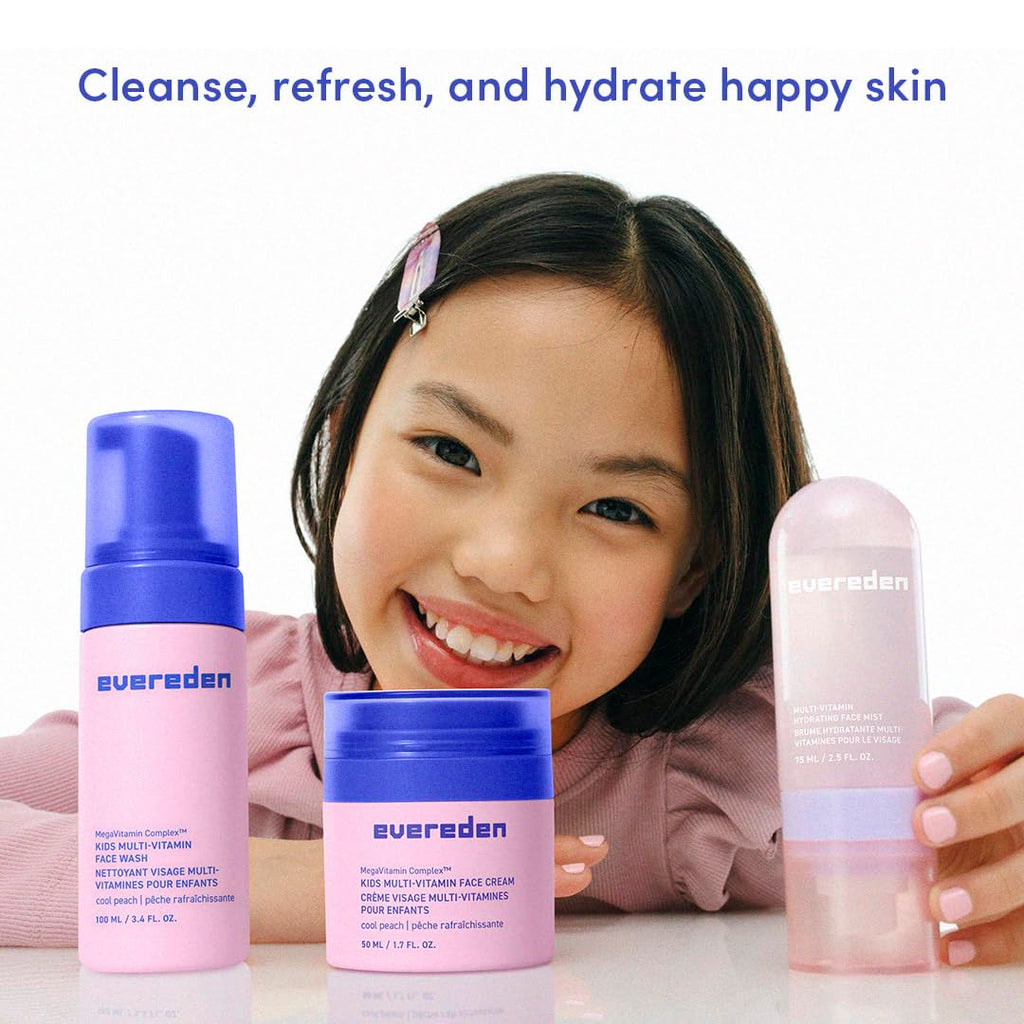 Evereden Kids Multi-Vitamin Hydrating Face Mist, Face Wash & Face Cream Set – Clean Vegan Skincare for Kids 6+
