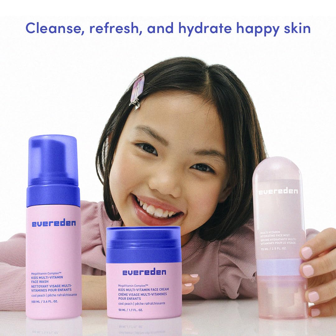 Evereden Kids Multi-Vitamin Hydrating Face Mist, Face Wash & Face Cream Set – Clean Vegan Skincare for Kids 6+