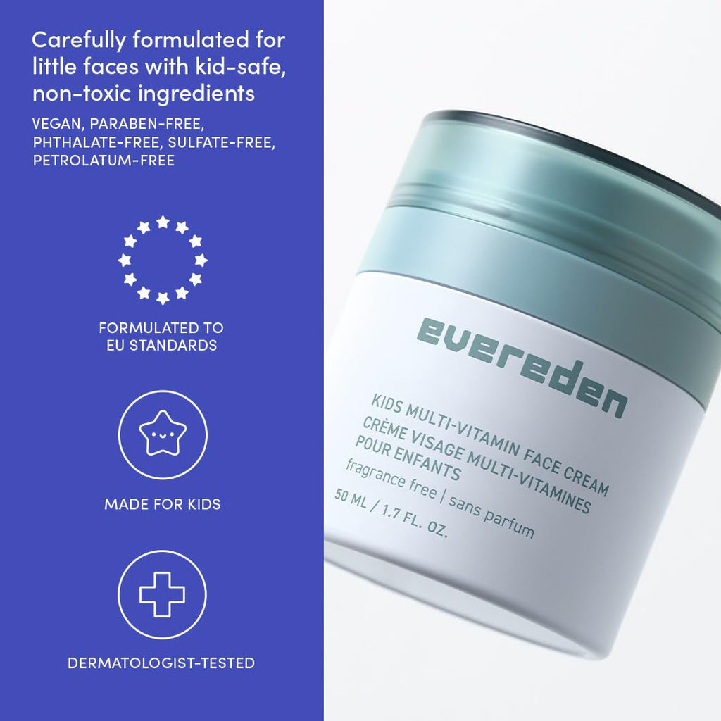 Evereden Fragrance-Free Kids Face Cream – 1.7 oz Unscented, Non-Toxic Moisturizer with Multi-Vitamin Complex