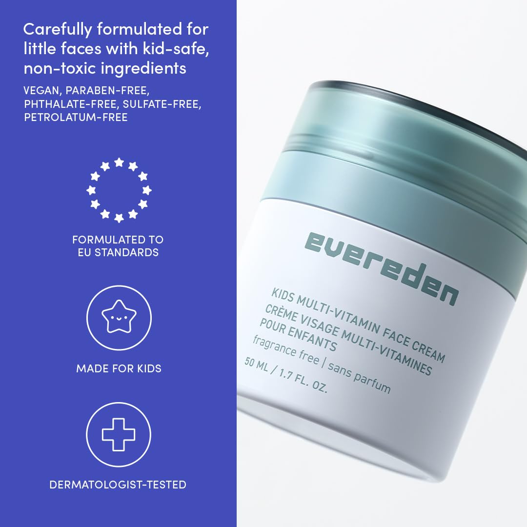 Evereden Fragrance-Free Kids Face Cream – 1.7 oz Unscented, Non-Toxic Moisturizer with Multi-Vitamin Complex