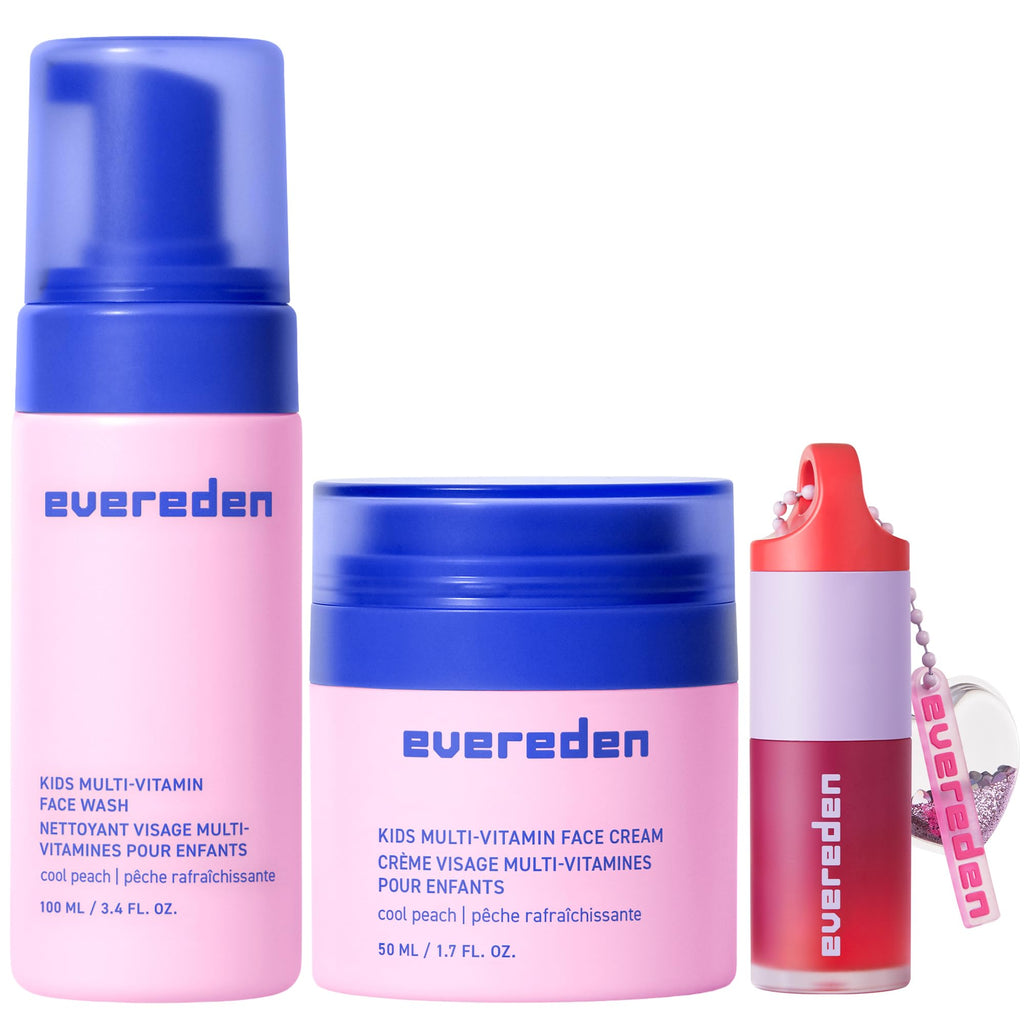 Evereden Happy Kids Skin & Lips Routine – Multi-Vitamin Face Wash, Peach Cream & Ruby Red Lip Oil for 3+