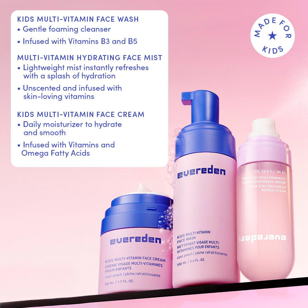 Evereden Kids Multi-Vitamin Hydrating Face Mist, Face Wash & Face Cream Set – Clean Vegan Skincare for Kids 6+