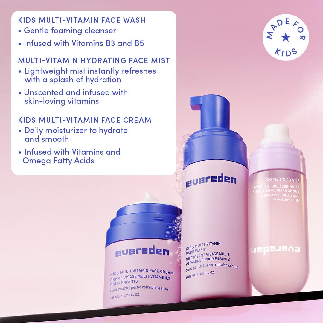 Evereden Kids Multi-Vitamin Hydrating Face Mist, Face Wash & Face Cream Set – Clean Vegan Skincare for Kids 6+