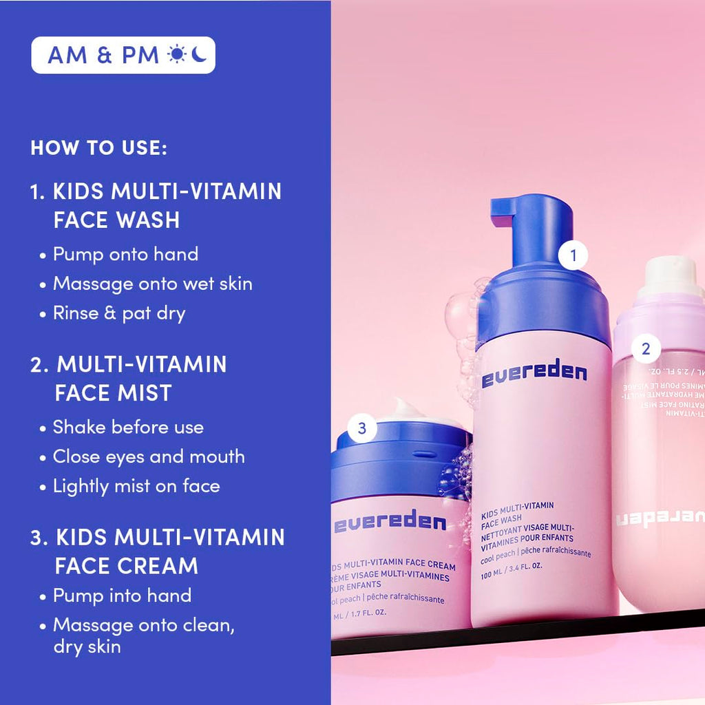 Evereden Kids Multi-Vitamin Hydrating Face Mist, Face Wash & Face Cream Set – Clean Vegan Skincare for Kids 6+