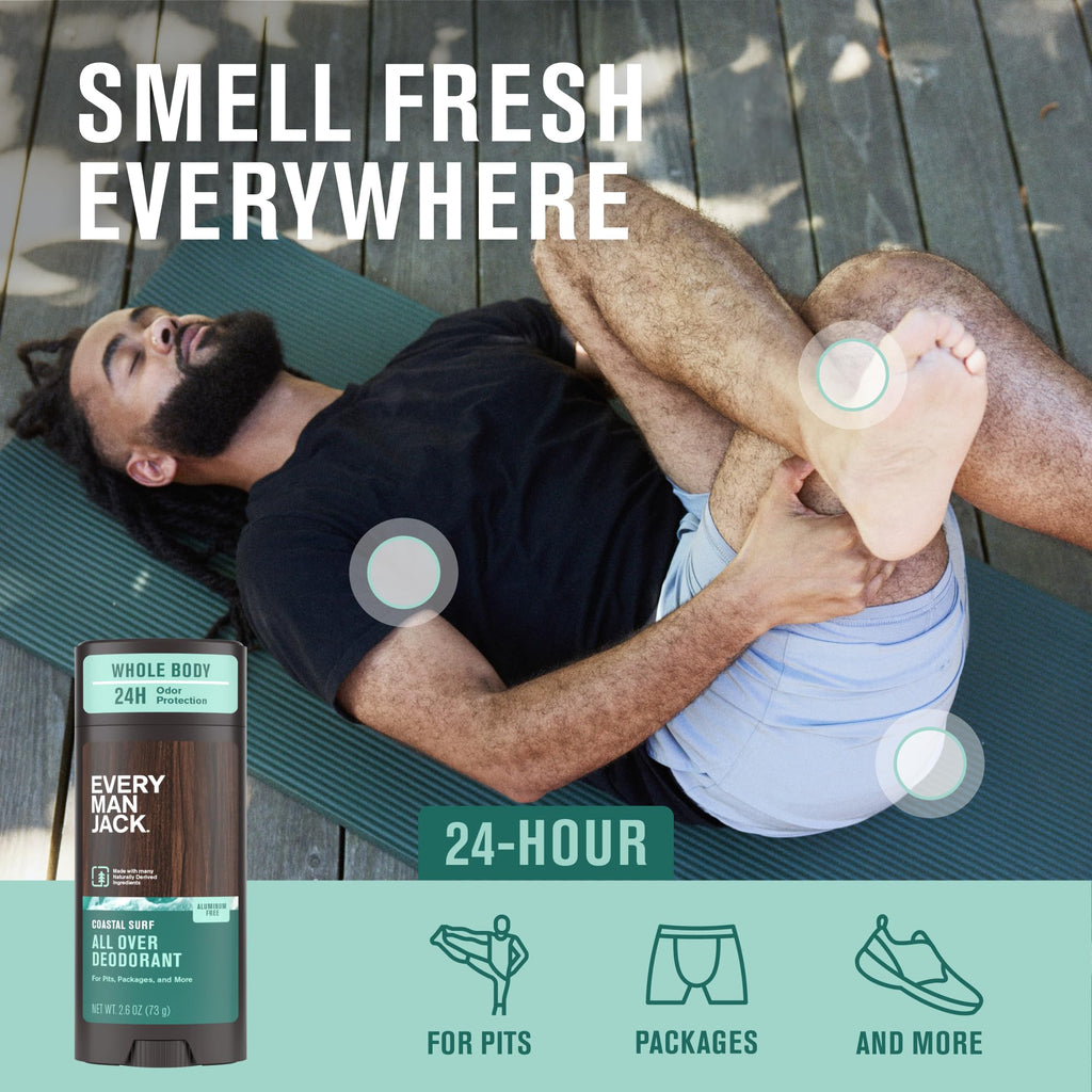 Every Man Jack All Over Deodorant – Aluminum-Free, 24-Hour Whole-Body Odor Protection – Coastal Surf Scent (2.6 oz)