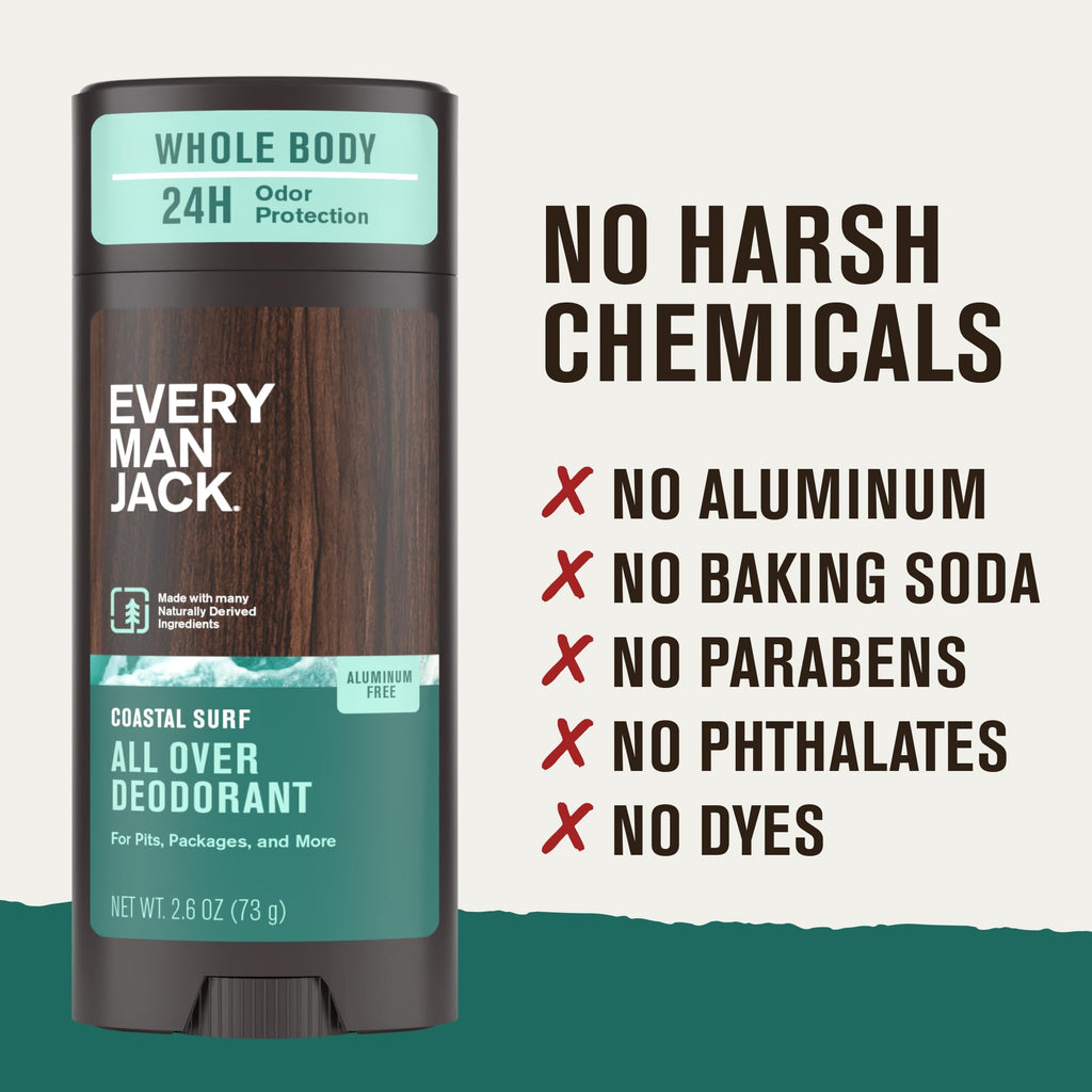 Every Man Jack All Over Deodorant – Aluminum-Free, 24-Hour Whole-Body Odor Protection – Coastal Surf Scent (2.6 oz)