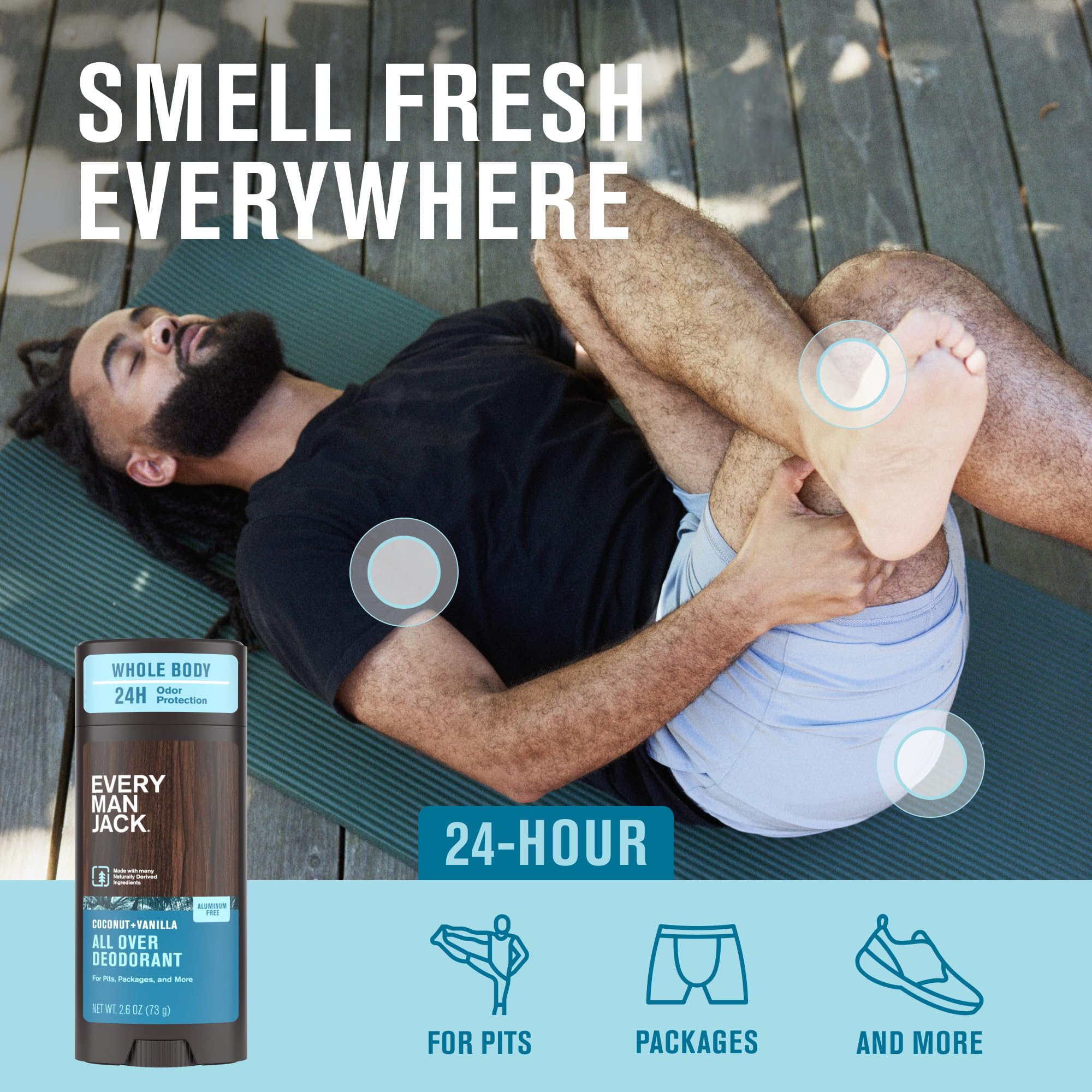 Every Man Jack All Over Deodorant - 24-Hour Aluminum-Free Odor Protection - Coconut + Vanilla (2.6 oz)