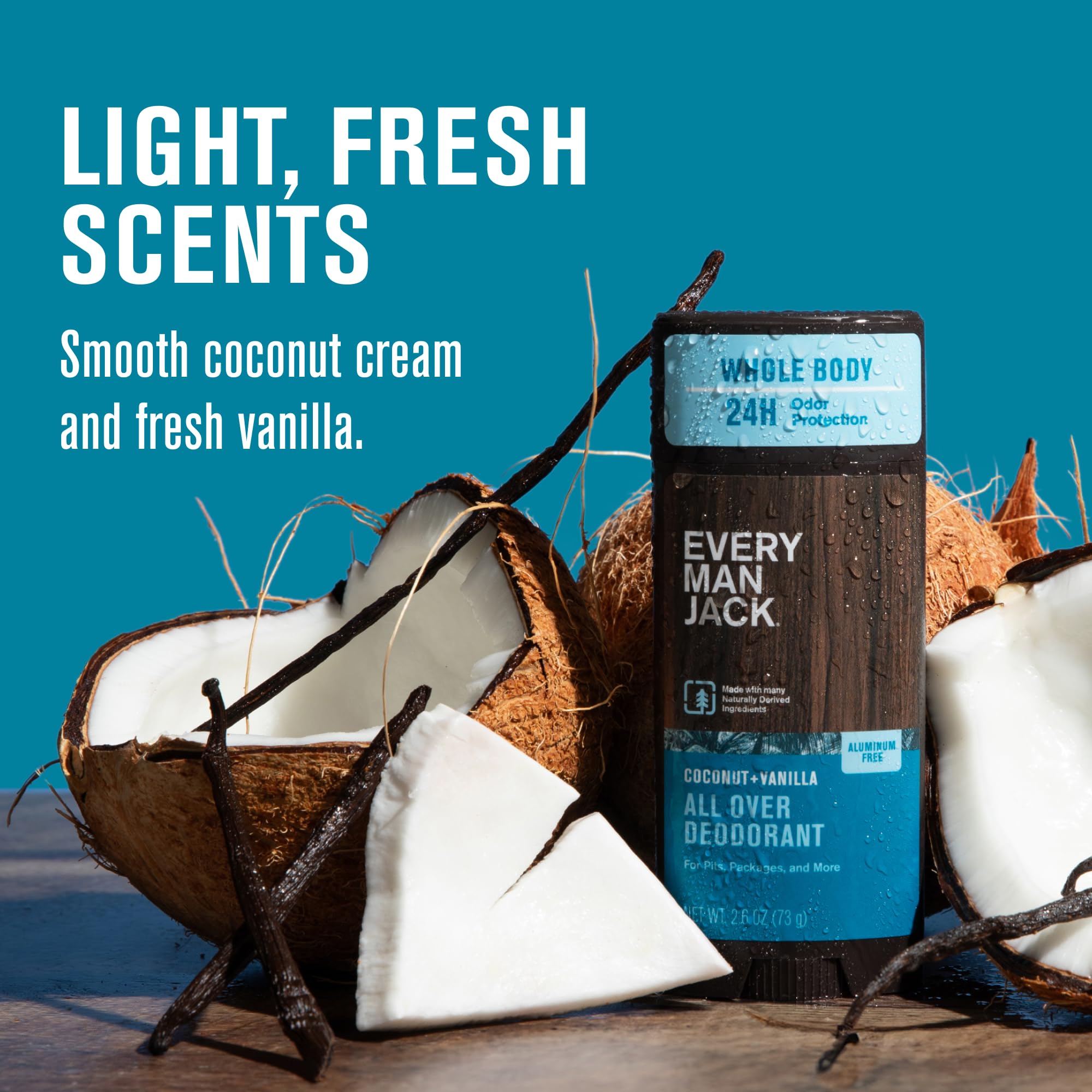 Every Man Jack All Over Deodorant - 24-Hour Aluminum-Free Odor Protection - Coconut + Vanilla (2.6 oz)