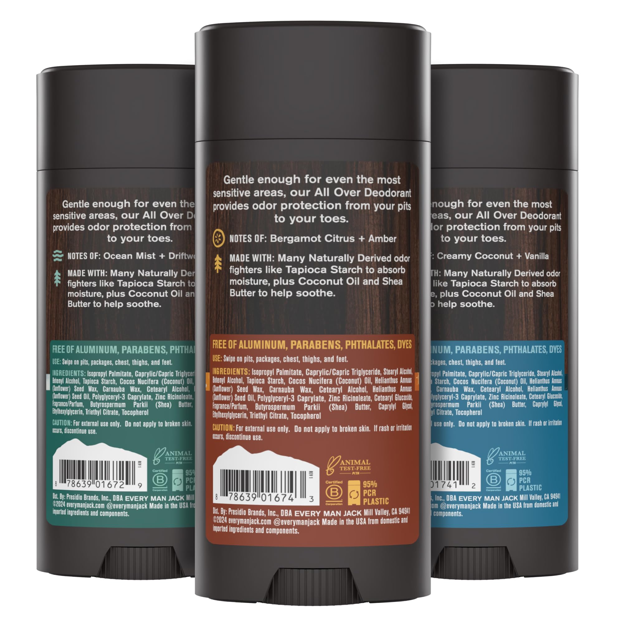 Every Man Jack All Over Deodorant Variety Pack – Aluminum-Free, 24-Hour Whole-Body Odor Protection (3 x 2.6 oz)