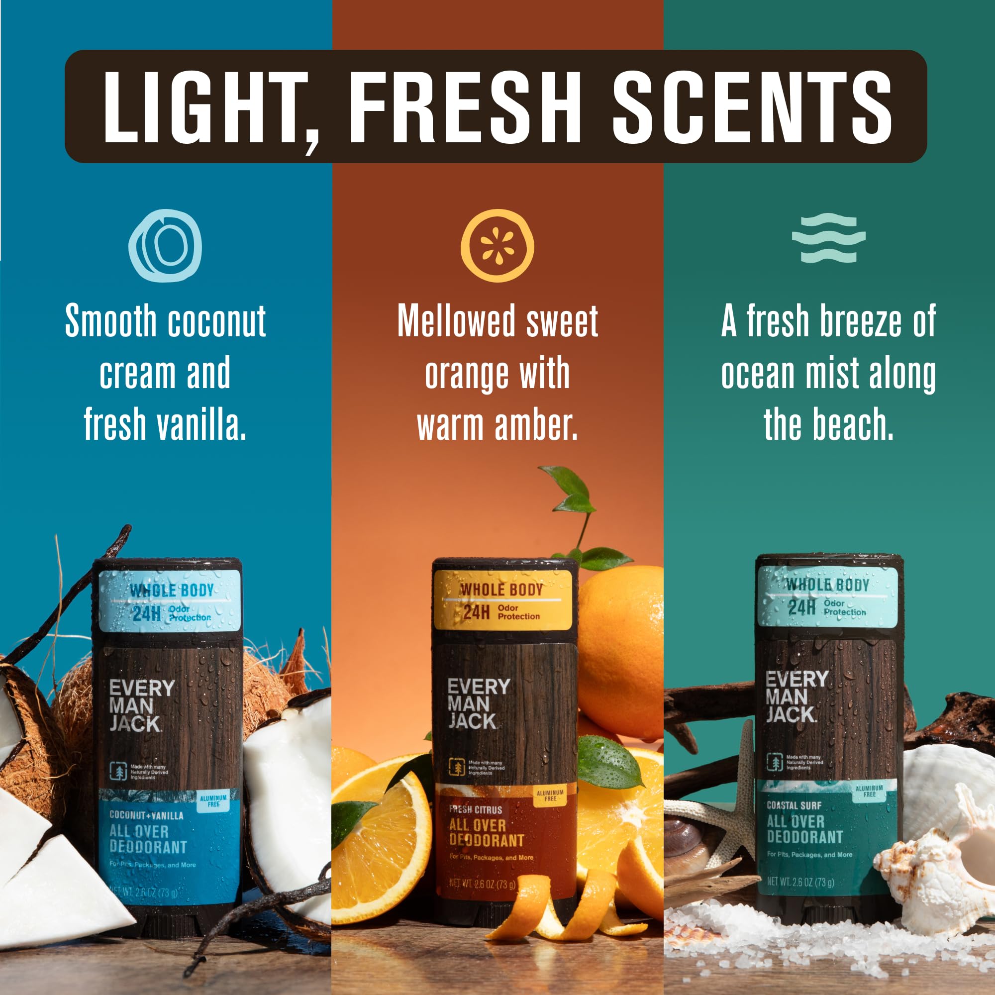 Every Man Jack All Over Deodorant Variety Pack – Aluminum-Free, 24-Hour Whole-Body Odor Protection (3 x 2.6 oz)