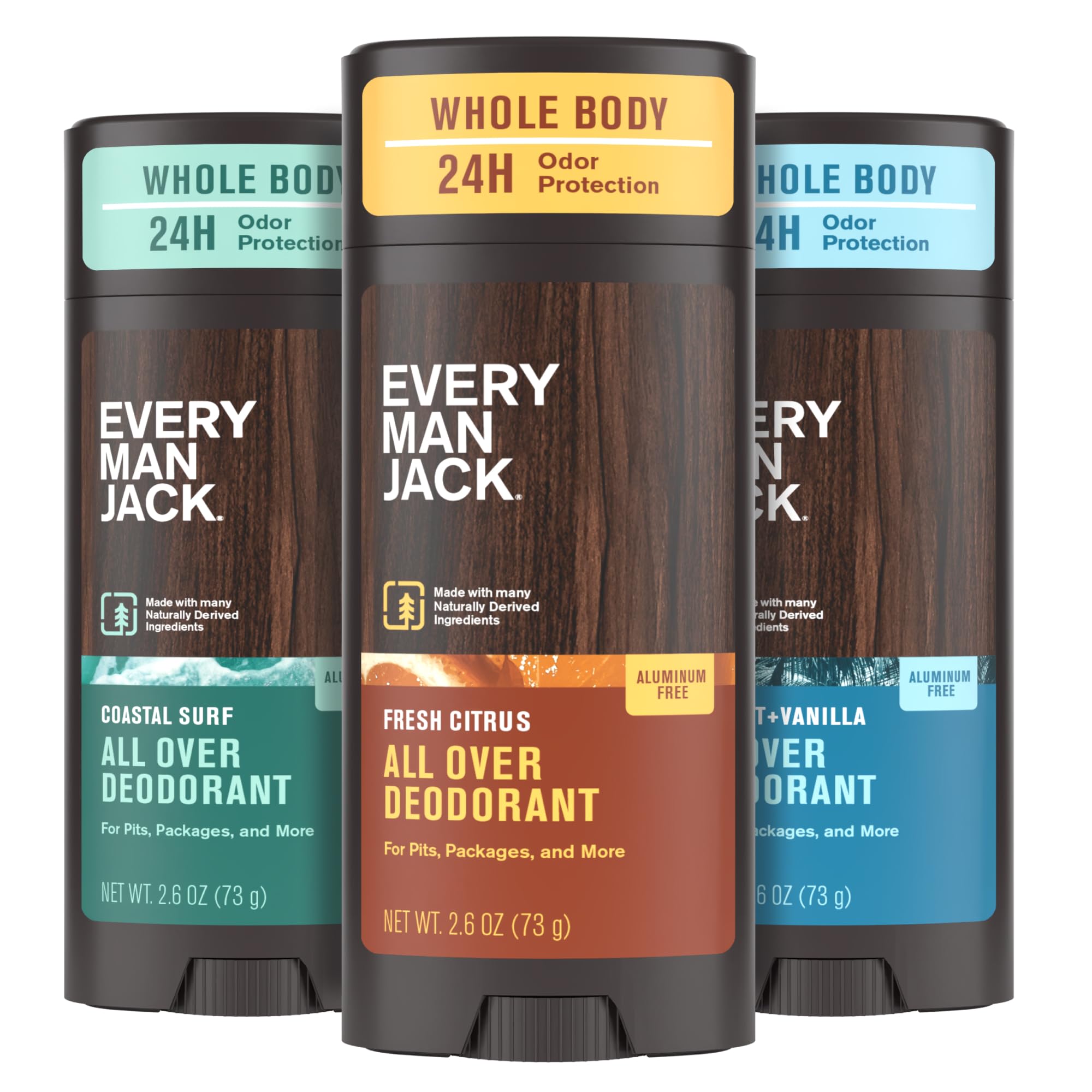 Every Man Jack All Over Deodorant Variety Pack – Aluminum-Free, 24-Hour Whole-Body Odor Protection (3 x 2.6 oz)