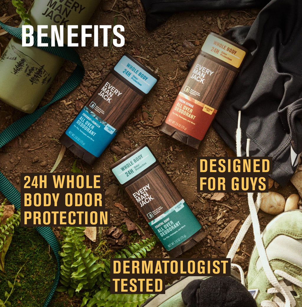Every Man Jack All Over Deodorant Variety Pack – Aluminum-Free, 24-Hour Whole-Body Odor Protection (3 x 2.6 oz)