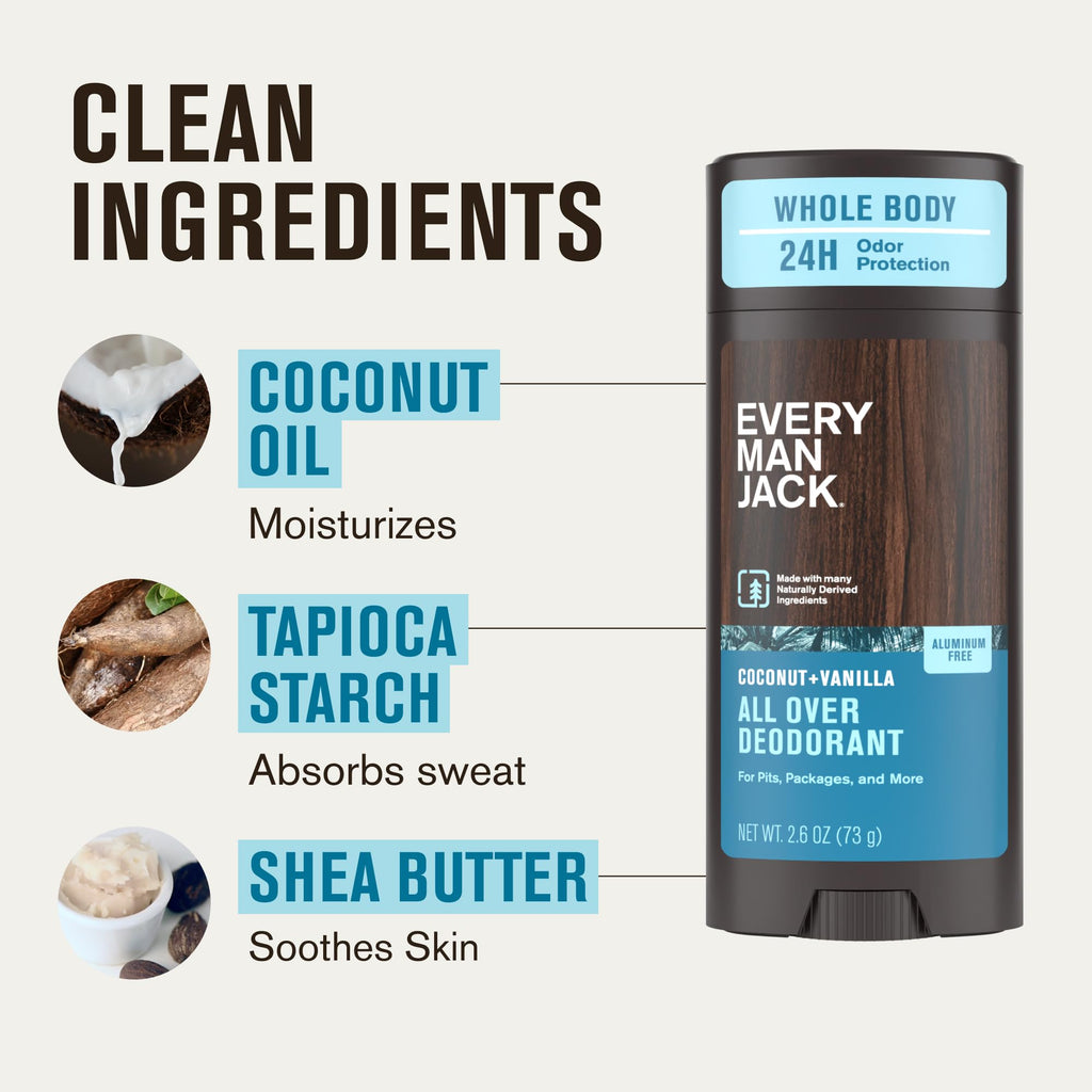 Every Man Jack All Over Deodorant - 24-Hour Aluminum-Free Odor Protection - Coconut + Vanilla (2.6 oz)