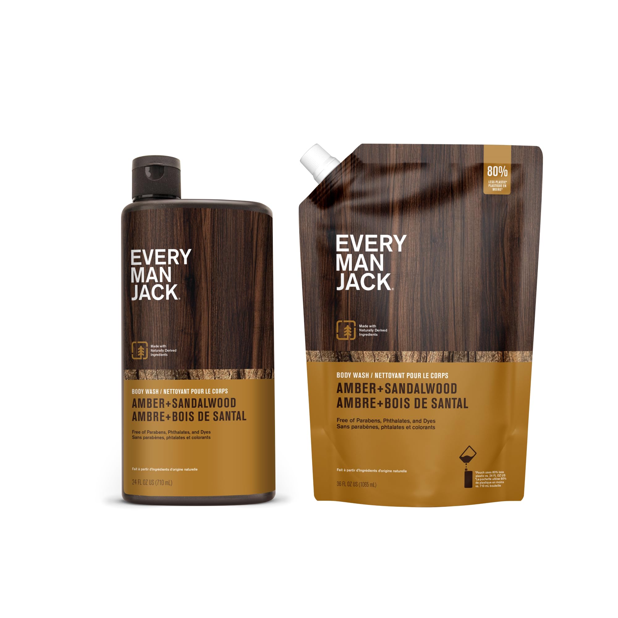 Every Man Jack Amber Sandalwood Body Wash Refill Starter Pouch – Naturally Derived Ingredients – Paraben Free, Phthalate Free, Dye Free