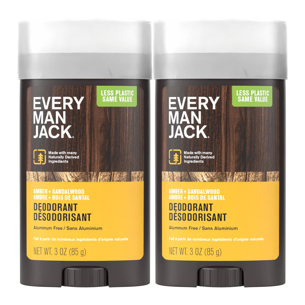 Every Man Jack Amber + Sandalwood Aluminum-Free Deodorant – All Skin Types, 2-Pack (3oz Each)