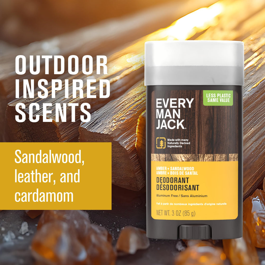 Every Man Jack Amber + Sandalwood Men's Deodorant – Aluminum-Free, Long-Lasting, 4-Pack