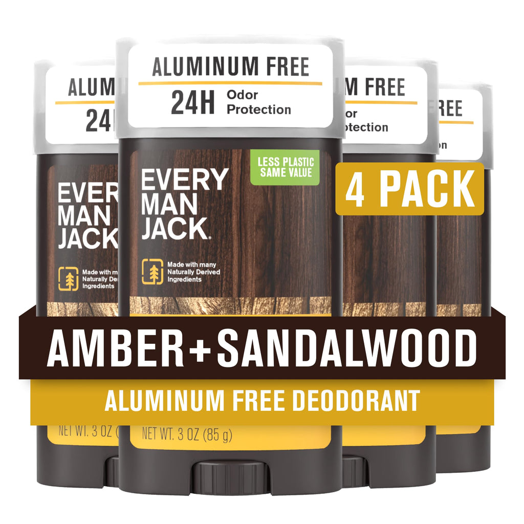 Every Man Jack Amber + Sandalwood Men's Deodorant – Aluminum-Free, Long-Lasting, 4-Pack