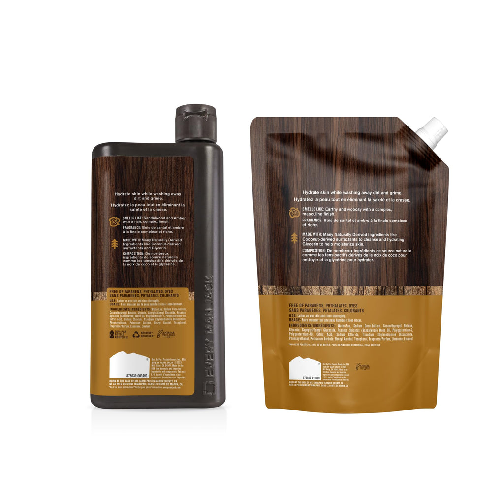 Every Man Jack Amber Sandalwood Body Wash Refill Starter Pouch – Naturally Derived Ingredients – Paraben Free, Phthalate Free, Dye Free