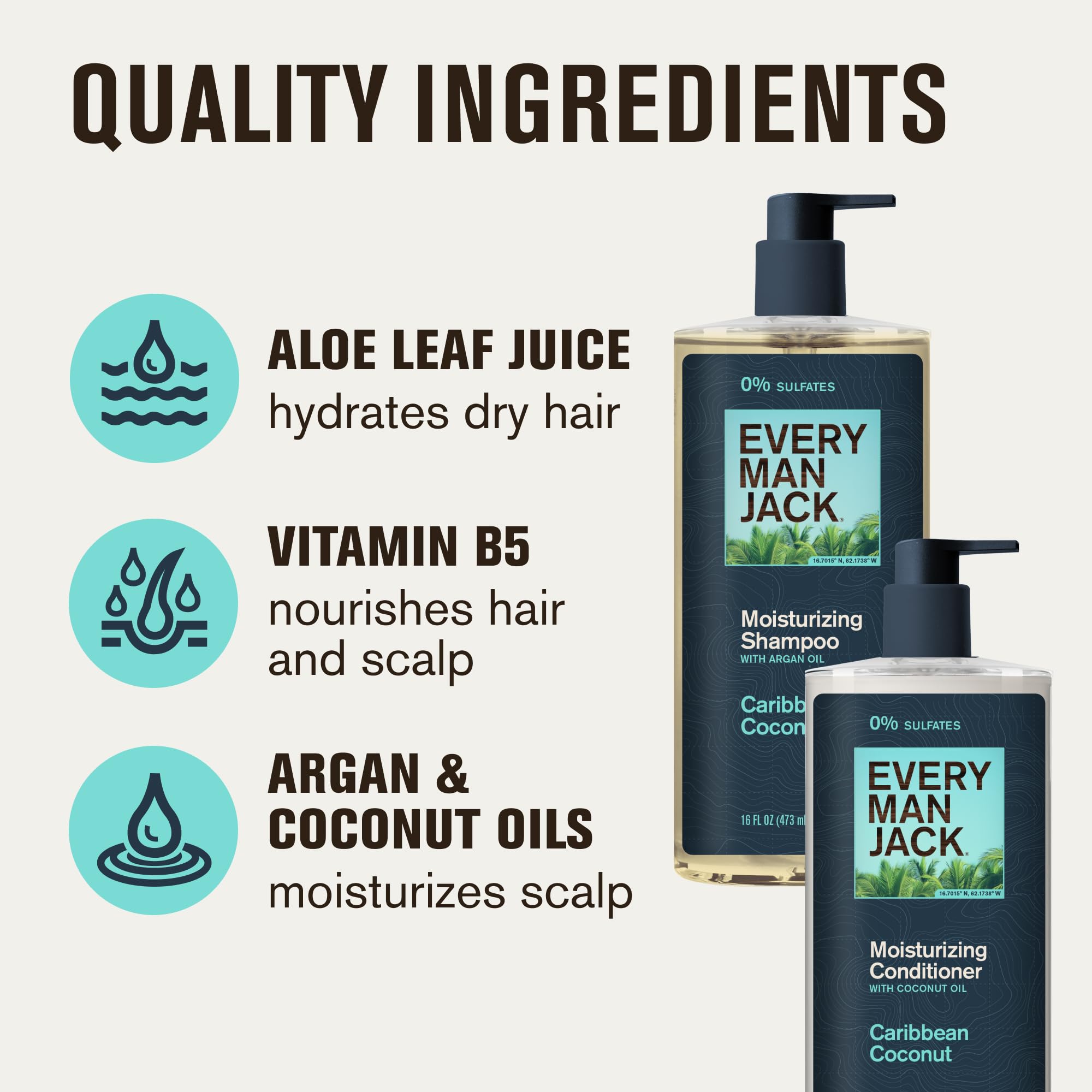 Every Man Jack Caribbean Coconut Shampoo & Conditioner Set – 16 fl oz (2 Pack) – Plant-Powered Moisturizers