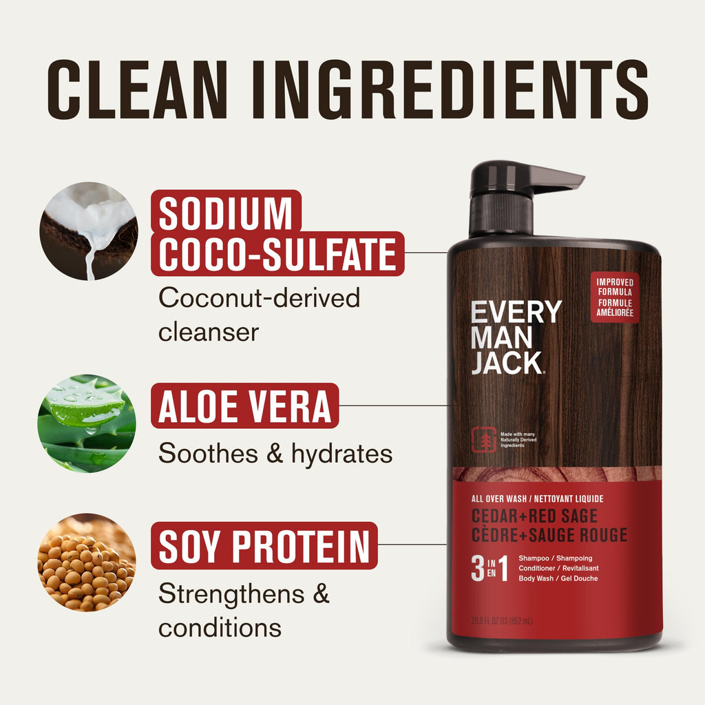 Every Man Jack Cedar + Red Sage Hydrating 3-in-1 All Over Wash – Body Wash, Shampoo & Conditioner (2 Pack)