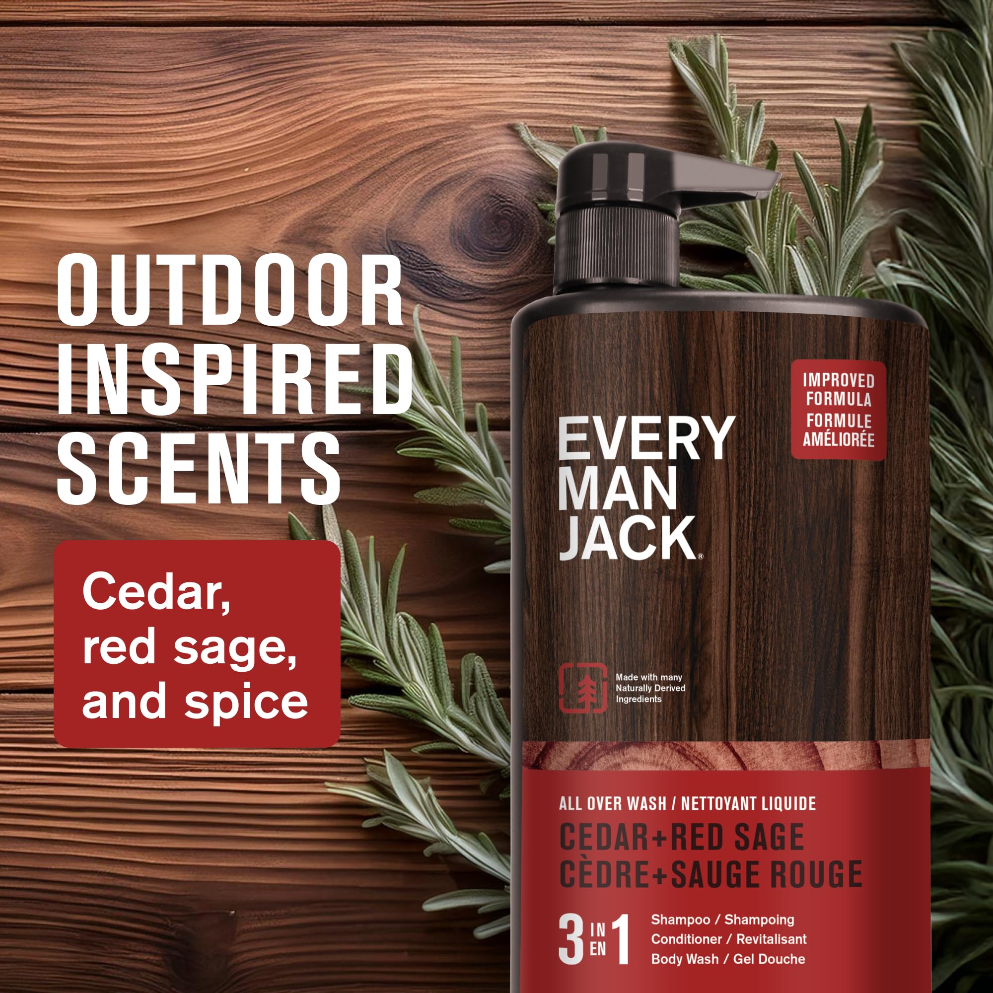 Every Man Jack Cedar + Red Sage Hydrating 3-in-1 All Over Wash – Body Wash, Shampoo & Conditioner (2 Pack)