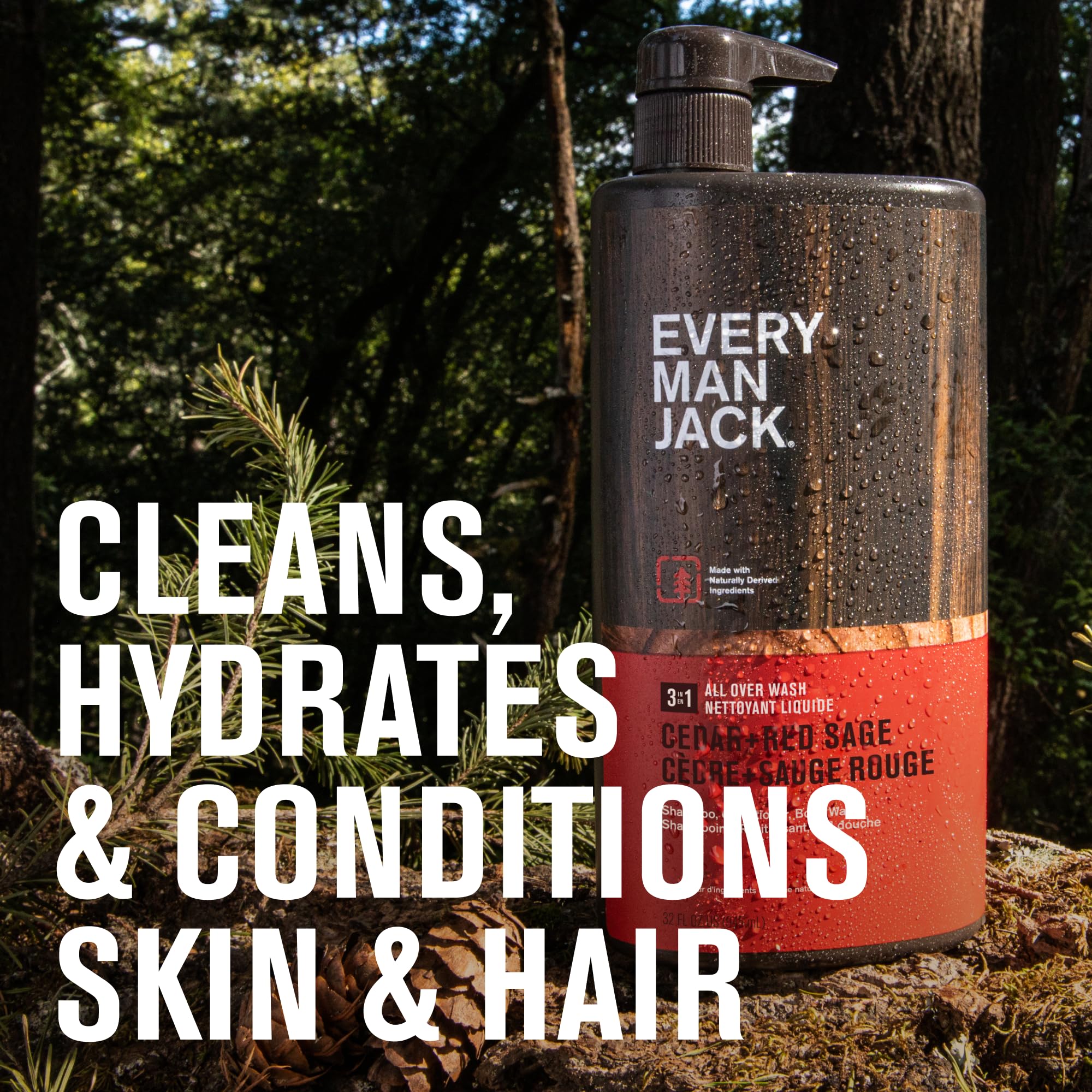 Every Man Jack Cedar + Red Sage Hydrating 3-in-1 All Over Wash – Body Wash, Shampoo & Conditioner (2 Pack)