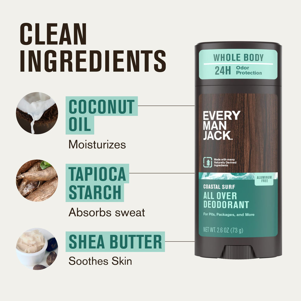 Every Man Jack All Over Deodorant – Aluminum-Free, 24-Hour Whole-Body Odor Protection – Coastal Surf Scent (2.6 oz)