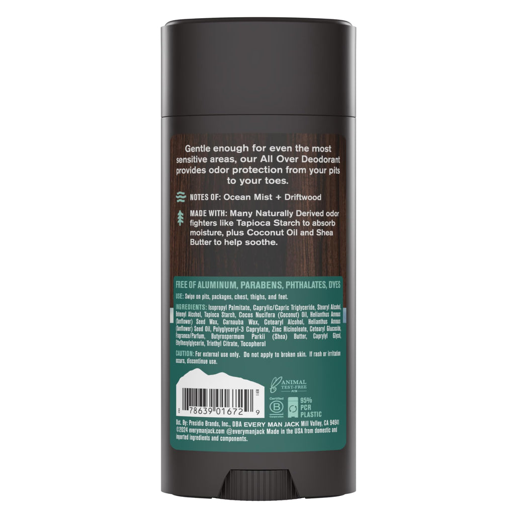 Every Man Jack All Over Deodorant – Aluminum-Free, 24-Hour Whole-Body Odor Protection – Coastal Surf Scent (2.6 oz)