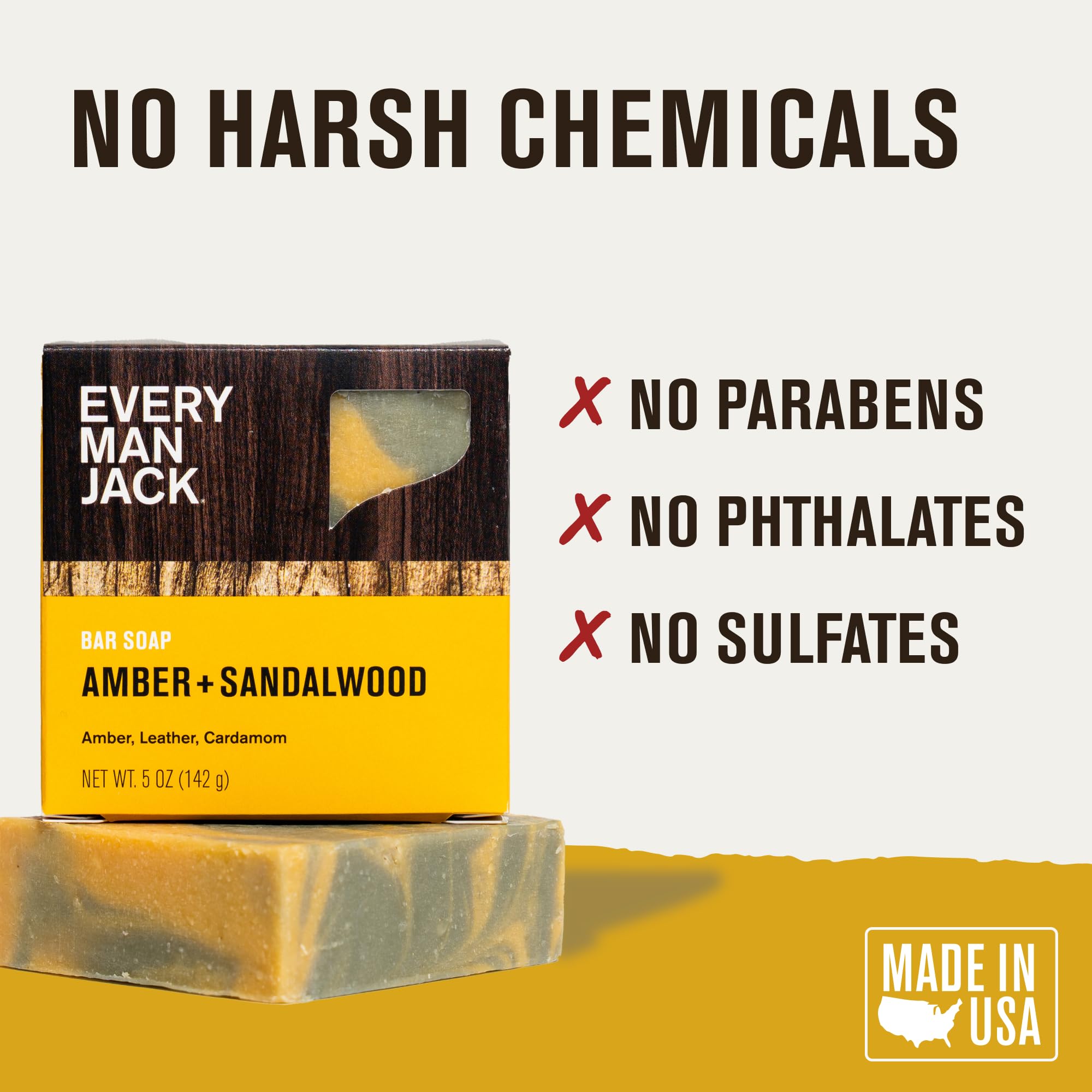 Every Man Jack Cold Processed Mens Bar Soap – Subtle Amber & Sandalwood Scent (3 Pack)