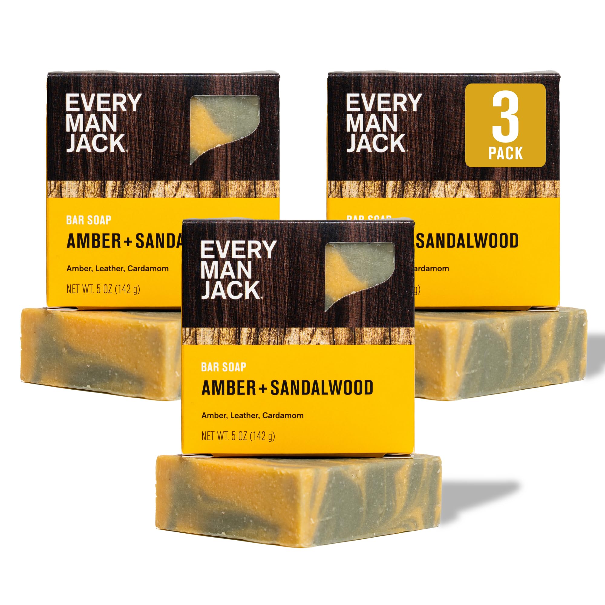 Every Man Jack Cold Processed Mens Bar Soap – Subtle Amber & Sandalwood Scent (3 Pack)