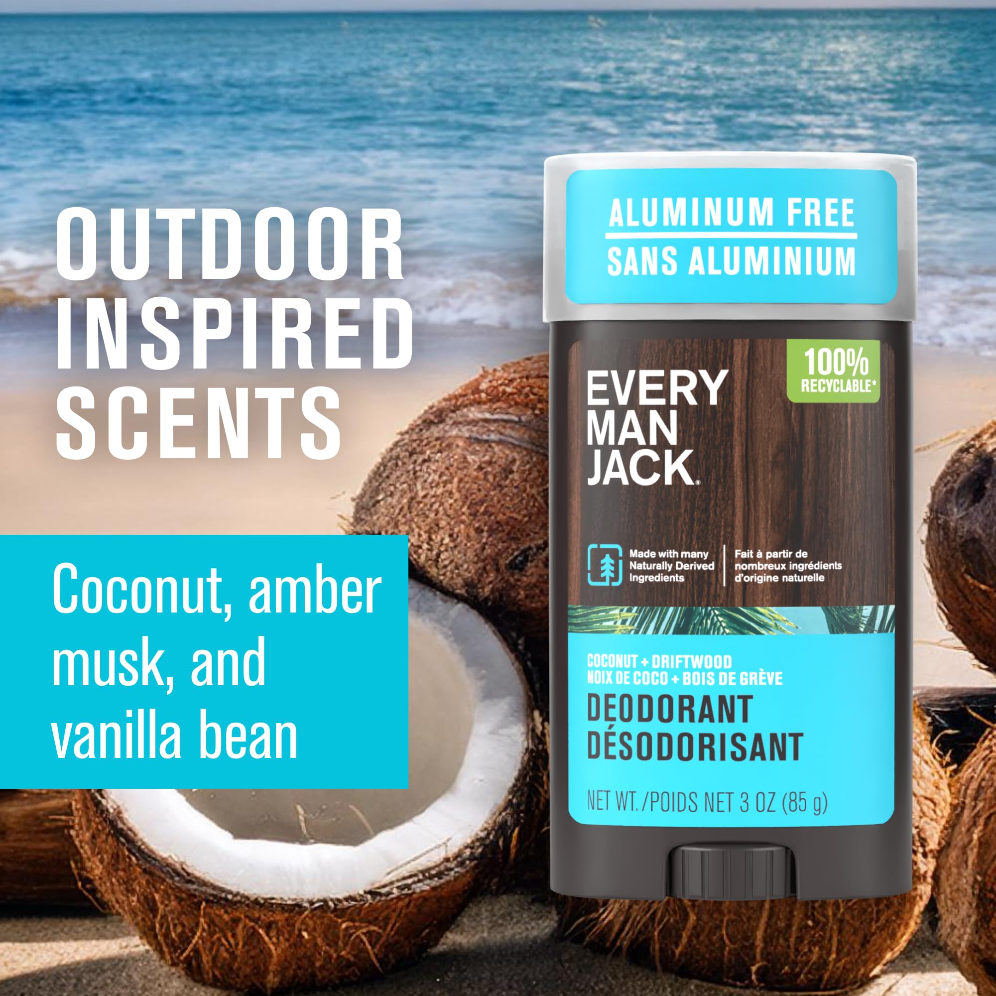 Every Man Jack Coconut Driftwood Men’s Deodorant – Aluminum-Free, Long-Lasting Freshness, 3oz Twin Pack