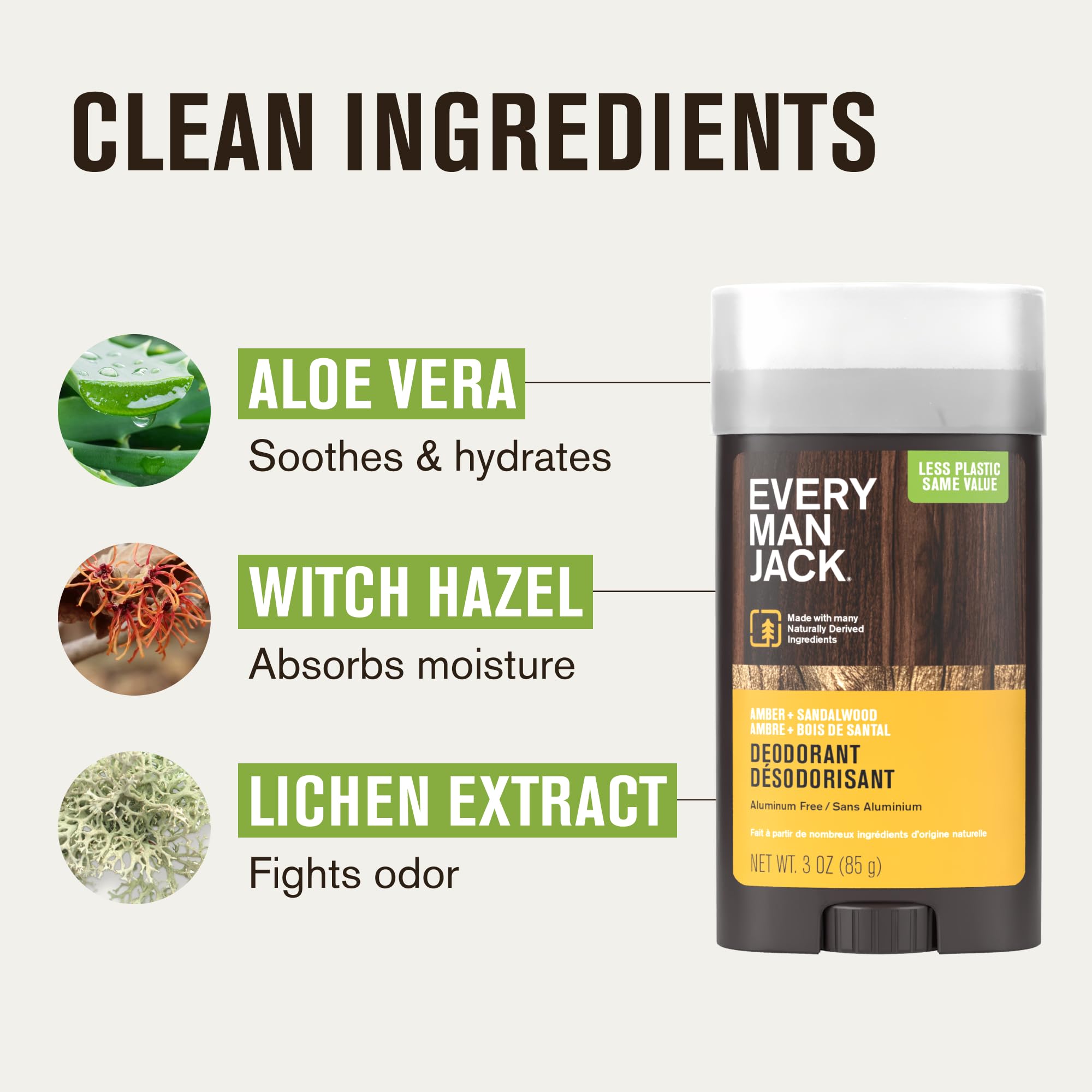 Every Man Jack Deodorant Variety Set — 3 x 3 oz Sticks (Cedar + Red Sage; Amber + Sandalwood; Sea Mineral + Citron)