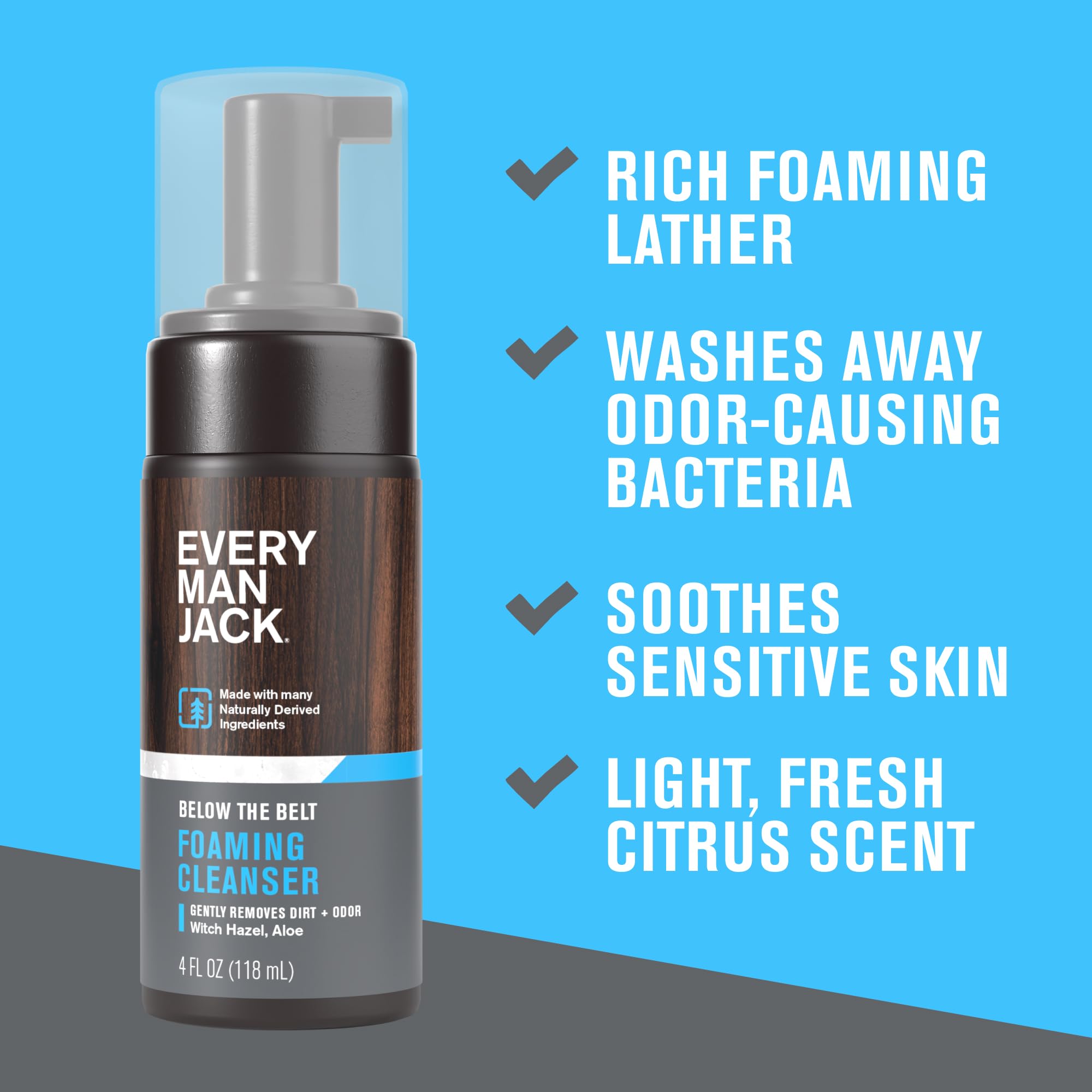 Every Man Jack Foaming Groin Wash – Gentle Cleansing for Sensitive Groin Skin with Witch Hazel & Aloe Vera, 4 oz