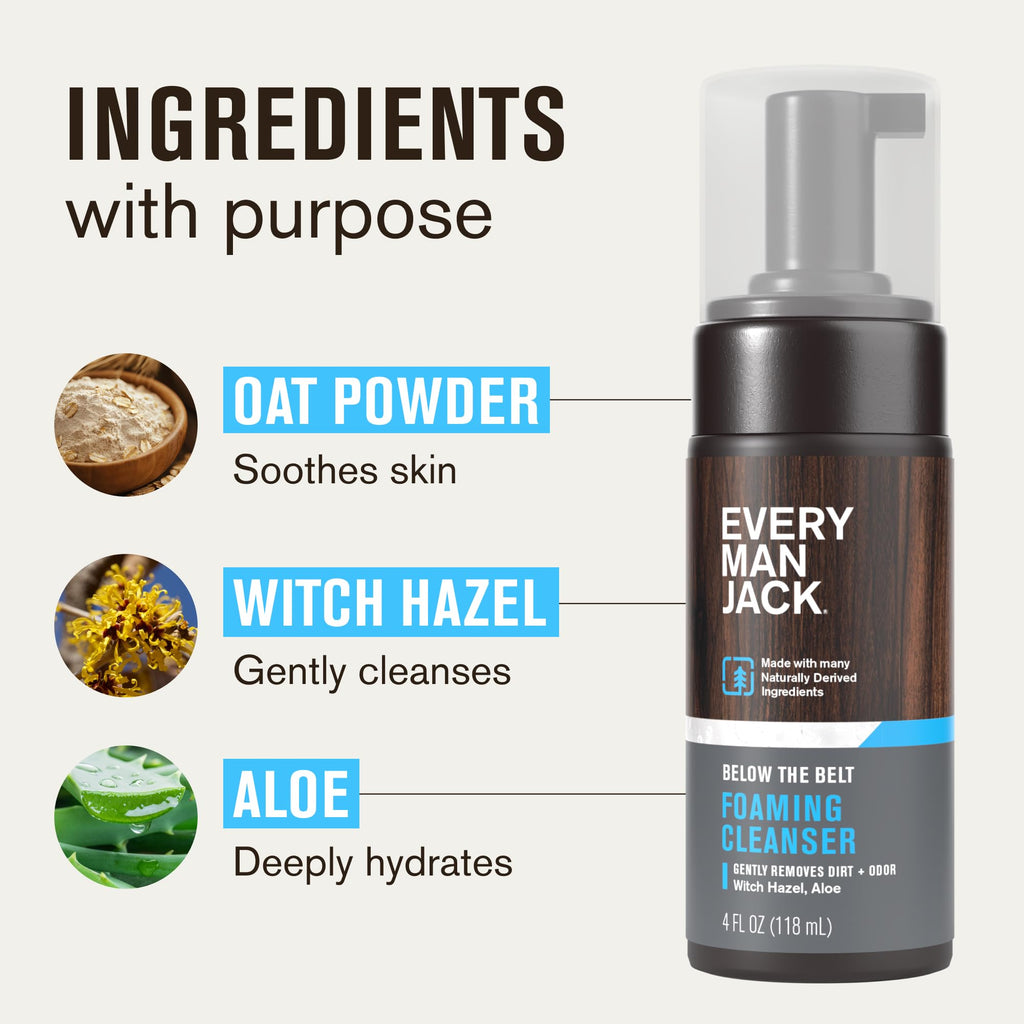 Every Man Jack Foaming Groin Wash – Gentle Cleansing for Sensitive Groin Skin with Witch Hazel & Aloe Vera, 4 oz