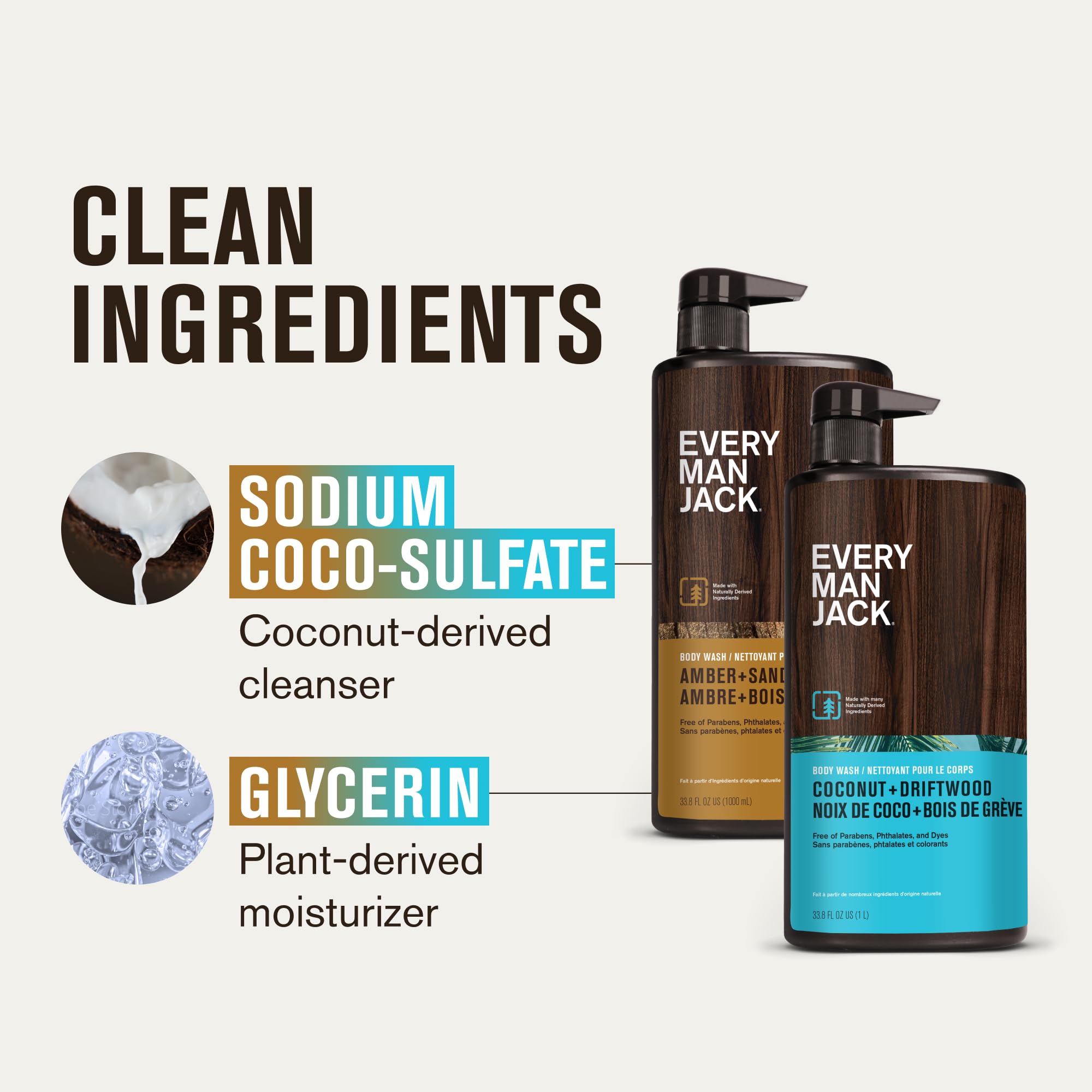 Every Man Jack Coconut + Driftwood & Amber + Sandalwood Body Wash – 33.8 oz (2 Pack) – Paraben, Phthalate & Dye Free