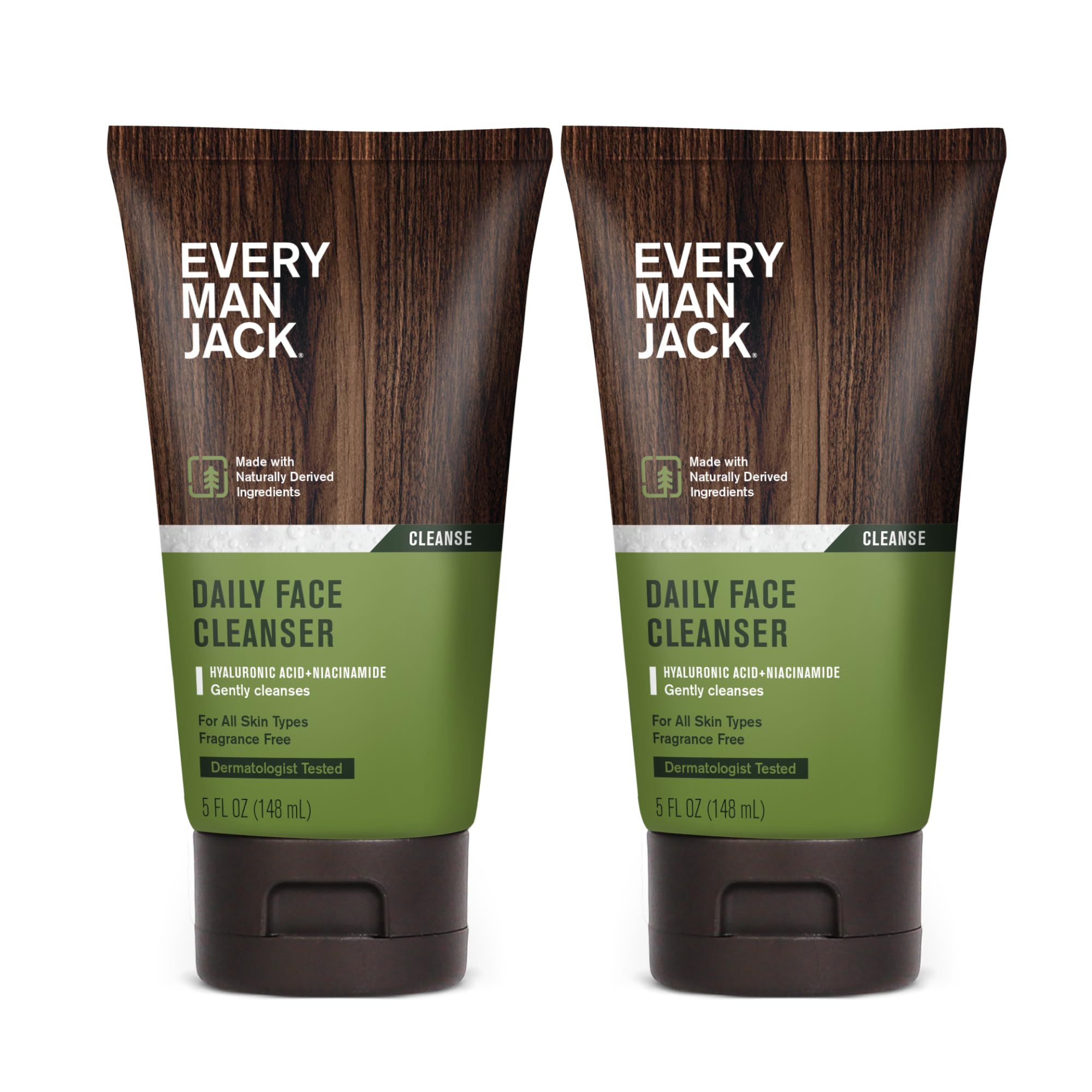 Every Man Jack Hydrating Face Wash for Men – Hyaluronic Acid & Niacinamide – Fragrance Free – 5 fl oz (2 Pack)