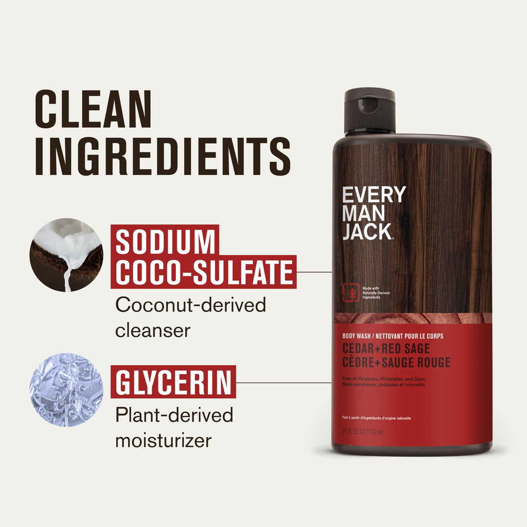 Every Man Jack Nourishing Cedar + Red Sage Body Wash – All Skin Types, Coconut & Glycerin – 24oz (2 Bottles)