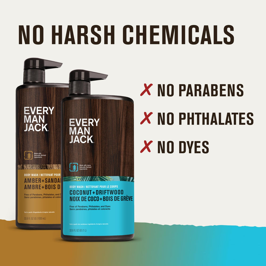 Every Man Jack Coconut + Driftwood & Amber + Sandalwood Body Wash – 33.8 oz (2 Pack) – Paraben, Phthalate & Dye Free