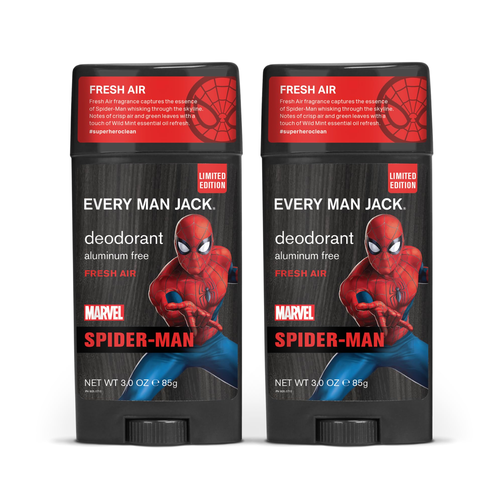 Every Man Jack Spider-Man Deodorant Twin Pack — 3 oz, Naturally Derived, Aluminum-Free, Cruelty-Free