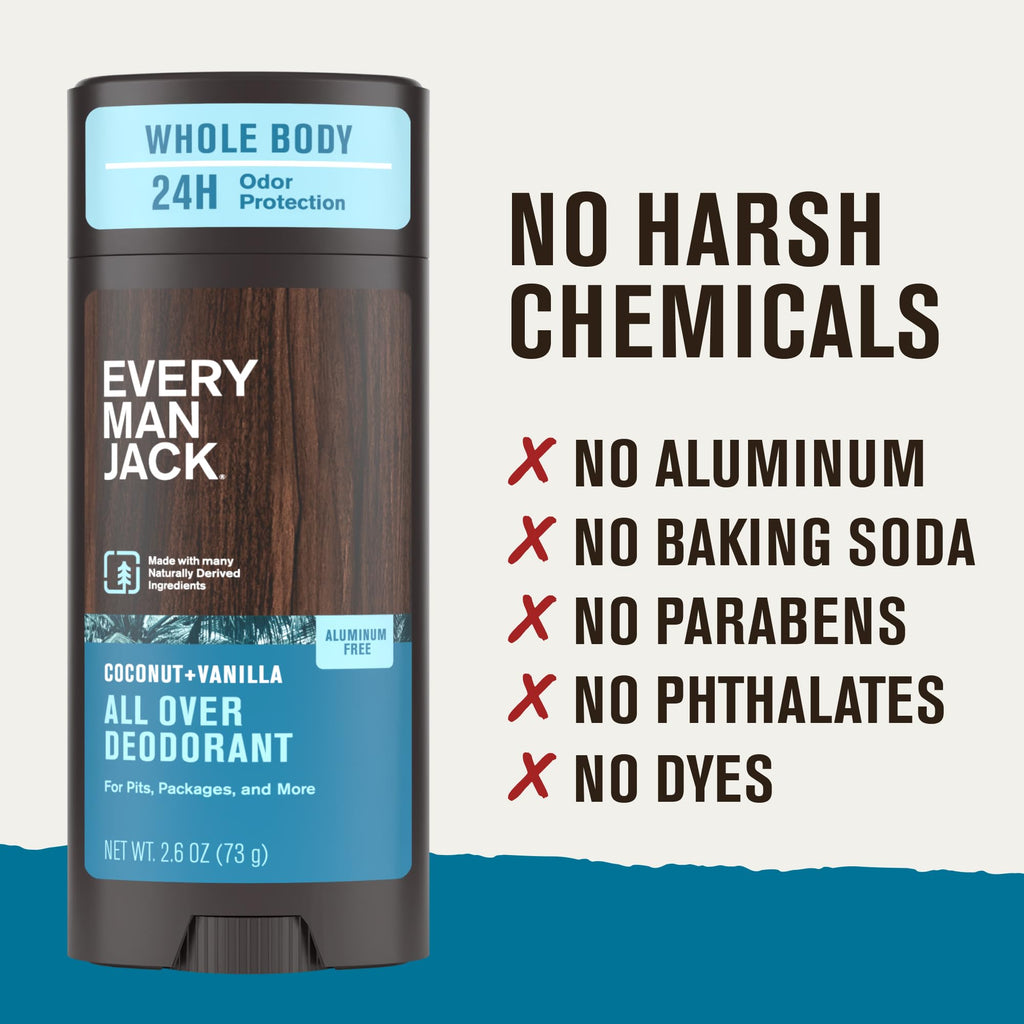 Every Man Jack All Over Deodorant - 24-Hour Aluminum-Free Odor Protection - Coconut + Vanilla (2.6 oz)