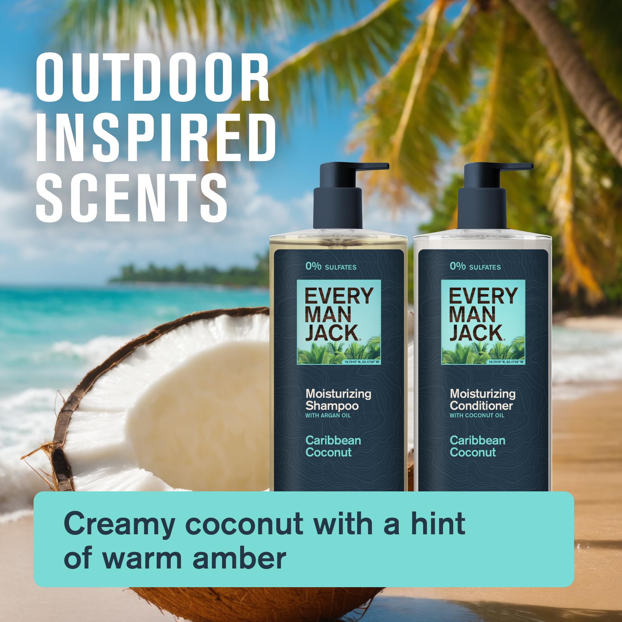 Every Man Jack Caribbean Coconut Shampoo & Conditioner Set – 16 fl oz (2 Pack) – Plant-Powered Moisturizers