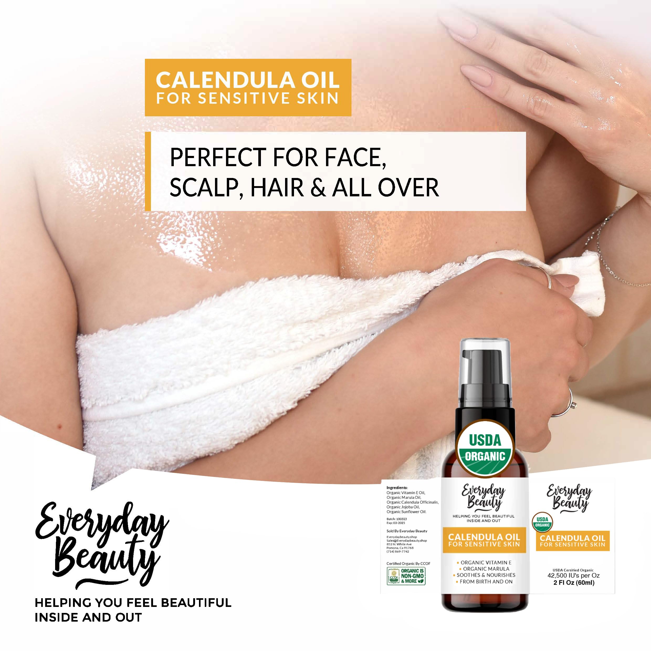 Everyday Beauty Organic Calendula Oil for Sensitive Skin – 2 oz Pump