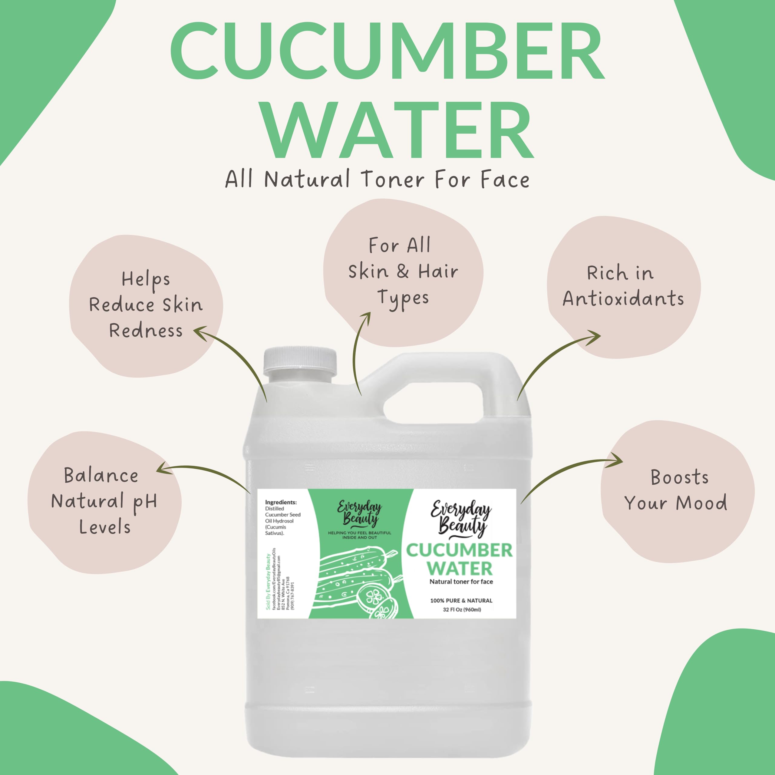 Everyday Beauty Cucumber Hydrosol Bulk - 32 oz All Natural Hydrating Spray for Face & Hair