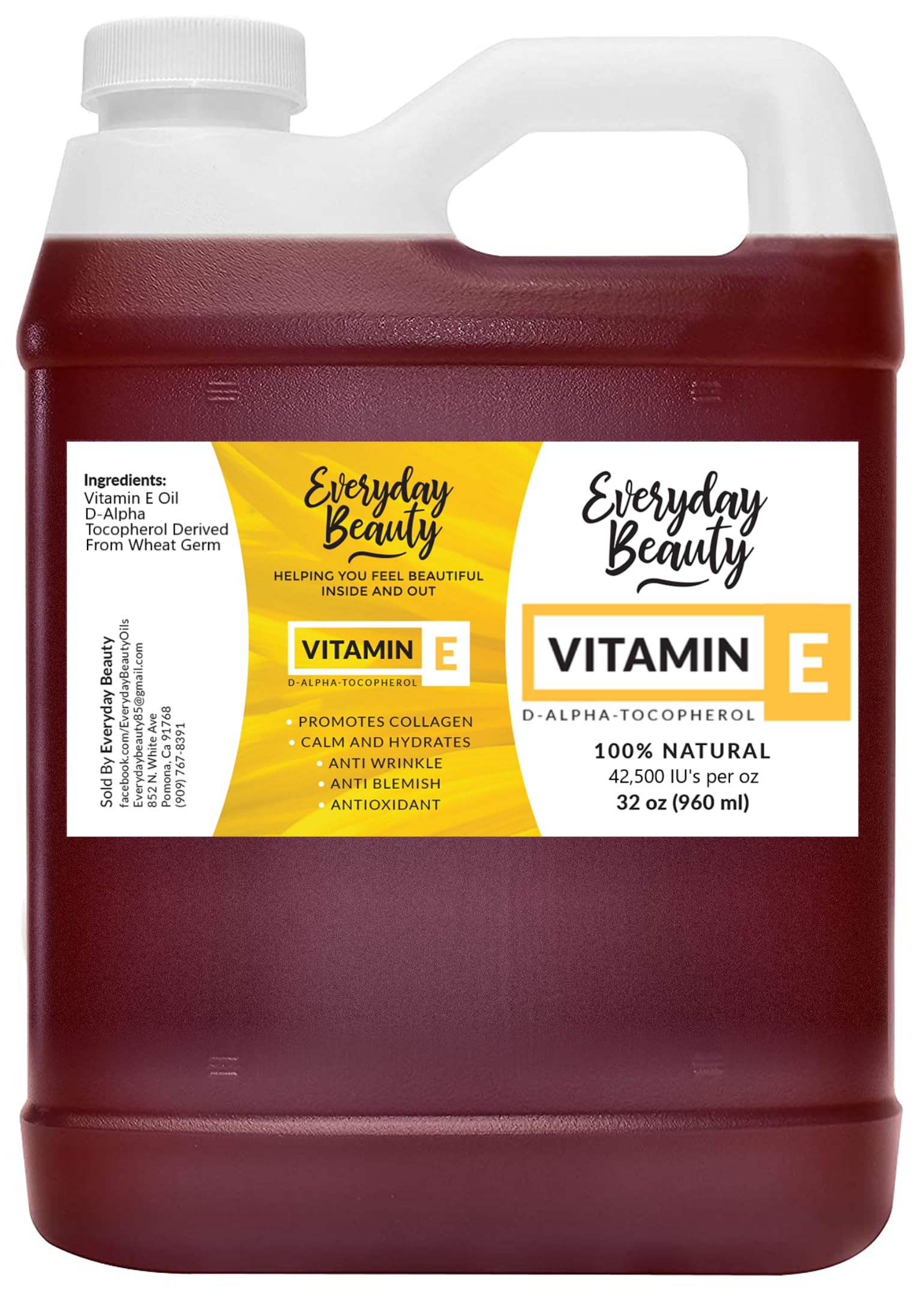Everyday Beauty Pure Vitamin E Oil Bulk – 32 oz, 100% D-Alpha Tocopherol from Wheat Germ