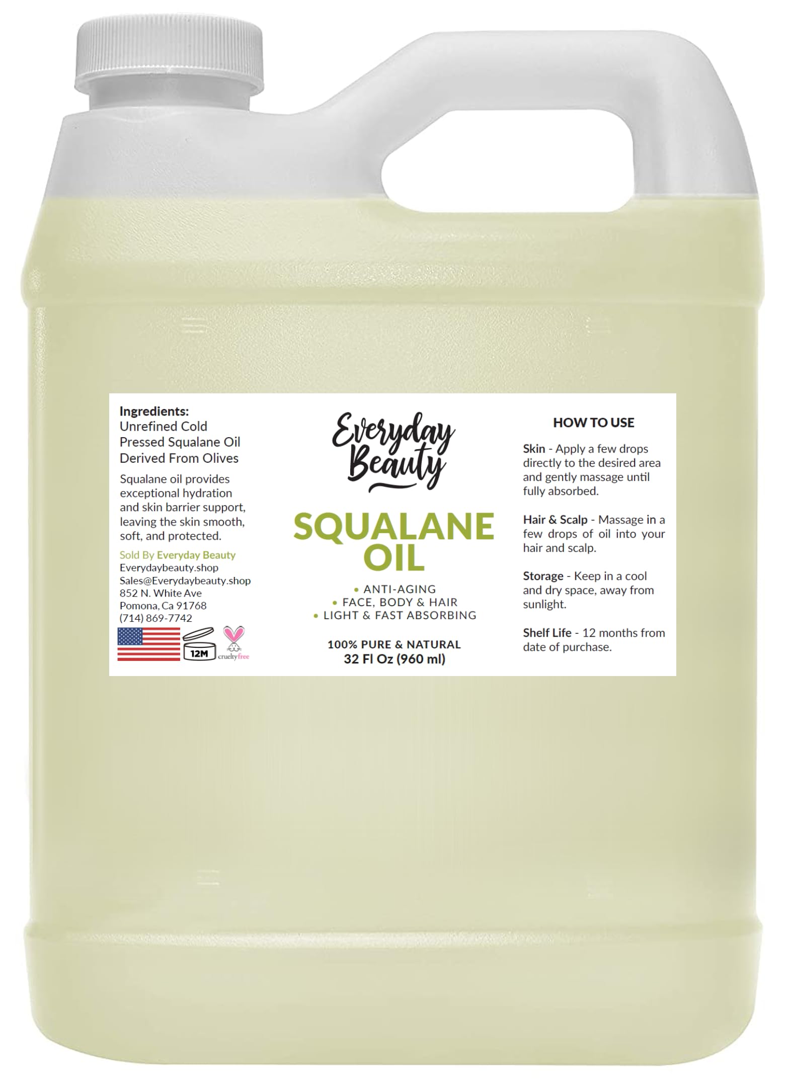 Everyday Beauty Squalane Oil Bulk – 32 oz Pure Olive-Derived Facial & Hair Oil