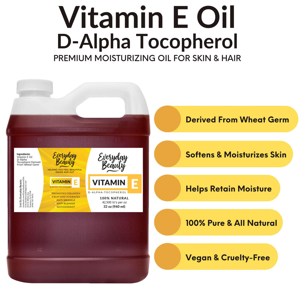 Everyday Beauty Pure Vitamin E Oil Bulk – 32 oz, 100% D-Alpha Tocopherol from Wheat Germ