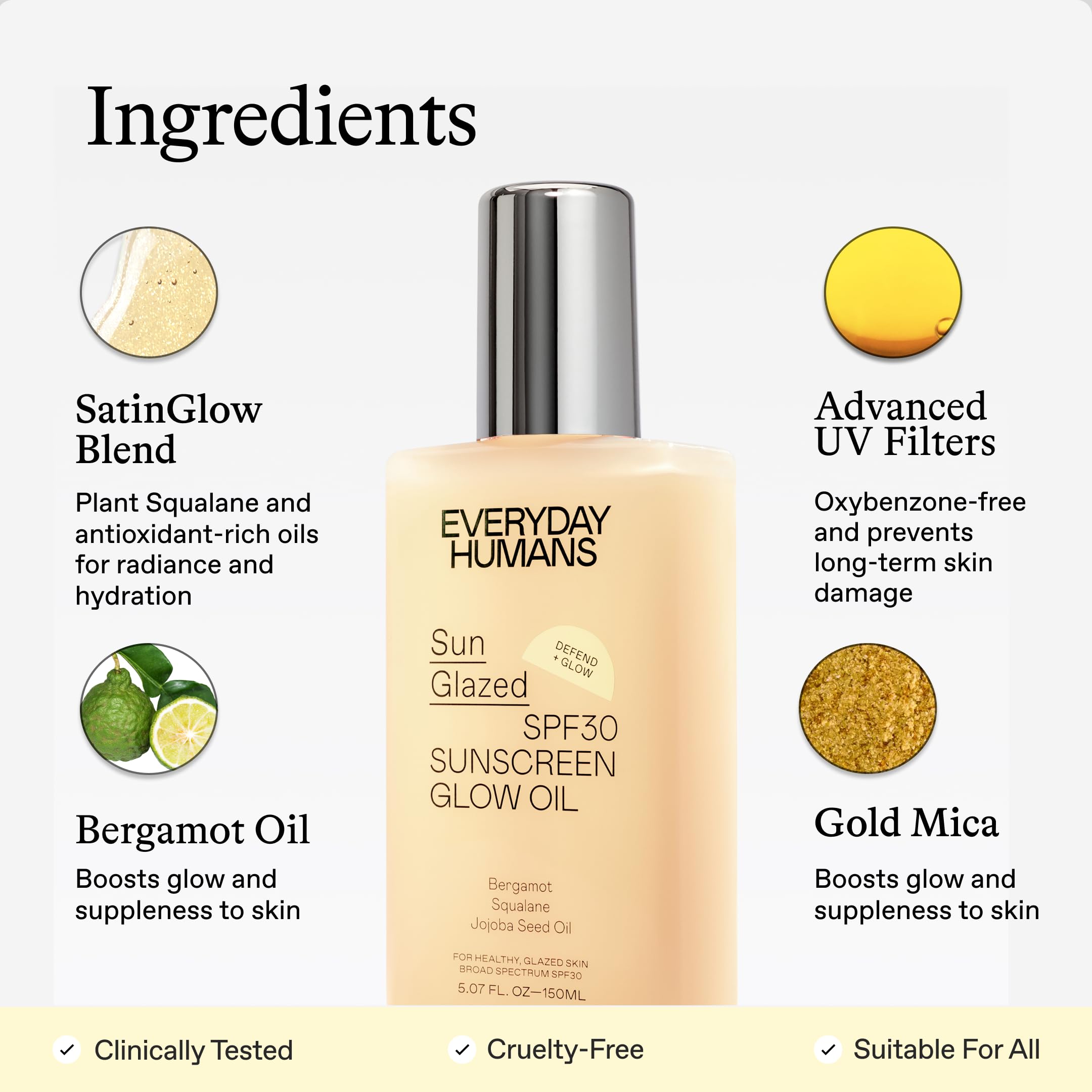 Everyday Humans Sun Glazed SPF30 Sheer Body Glow Oil – Hydrating, Non-Sticky Broad Spectrum UV Protection