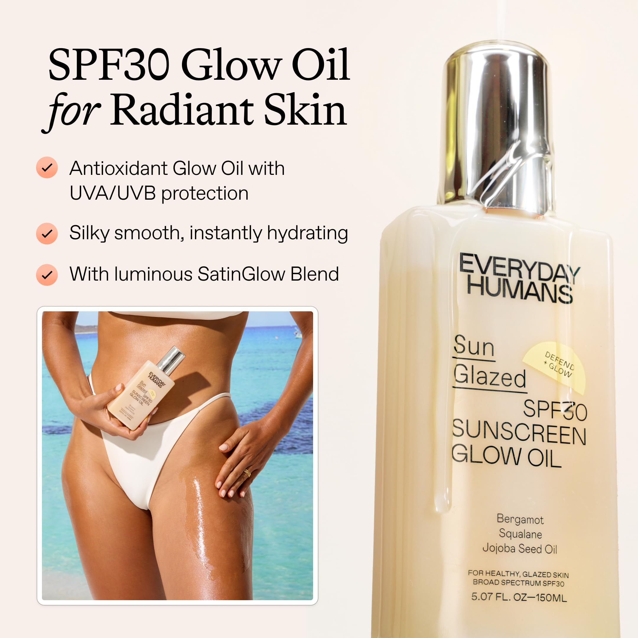 Everyday Humans Sun Glazed SPF30 Sheer Body Glow Oil – Hydrating, Non-Sticky Broad Spectrum UV Protection