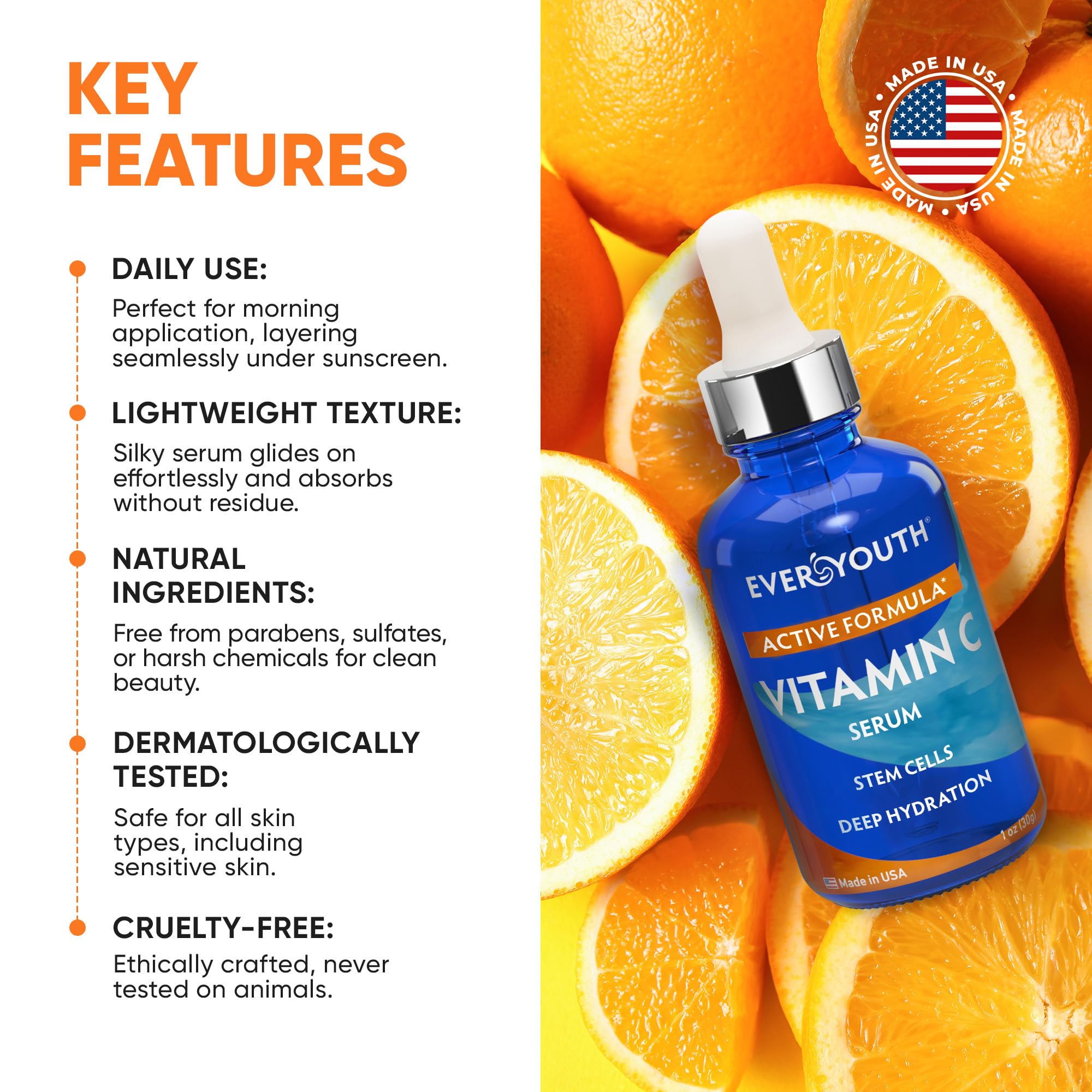 EVERYOUTH Vitamin C Serum for Face with Stem Cells, Niacinamide, Hyaluronic Acid – Retinol + Glycolic, Made in USA